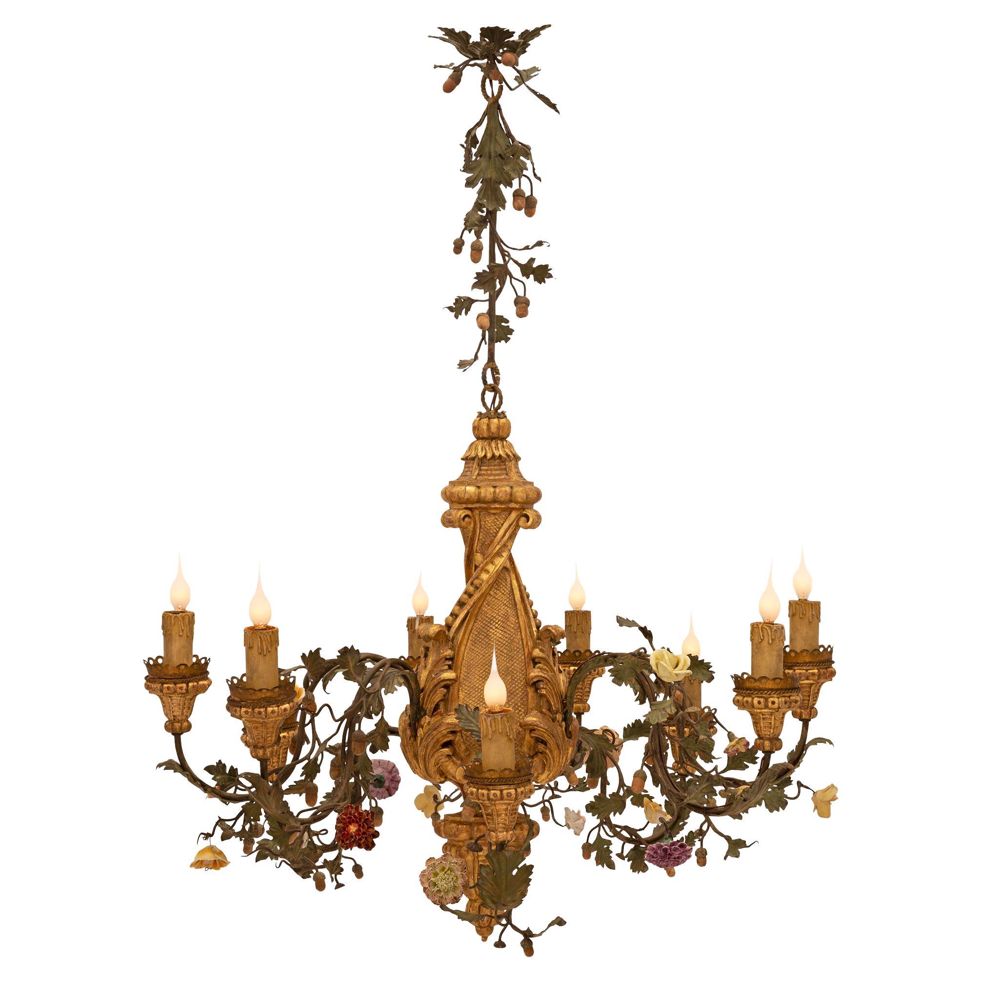 Italian 19th Century Giltwood, Porcelain, and Patinated Iron Chandelier