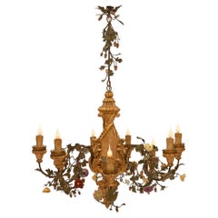 Italienischer Kronleuchter aus vergoldetem Holz, Porzellan und patiniertem Eisen aus dem 19. Jahrhundert