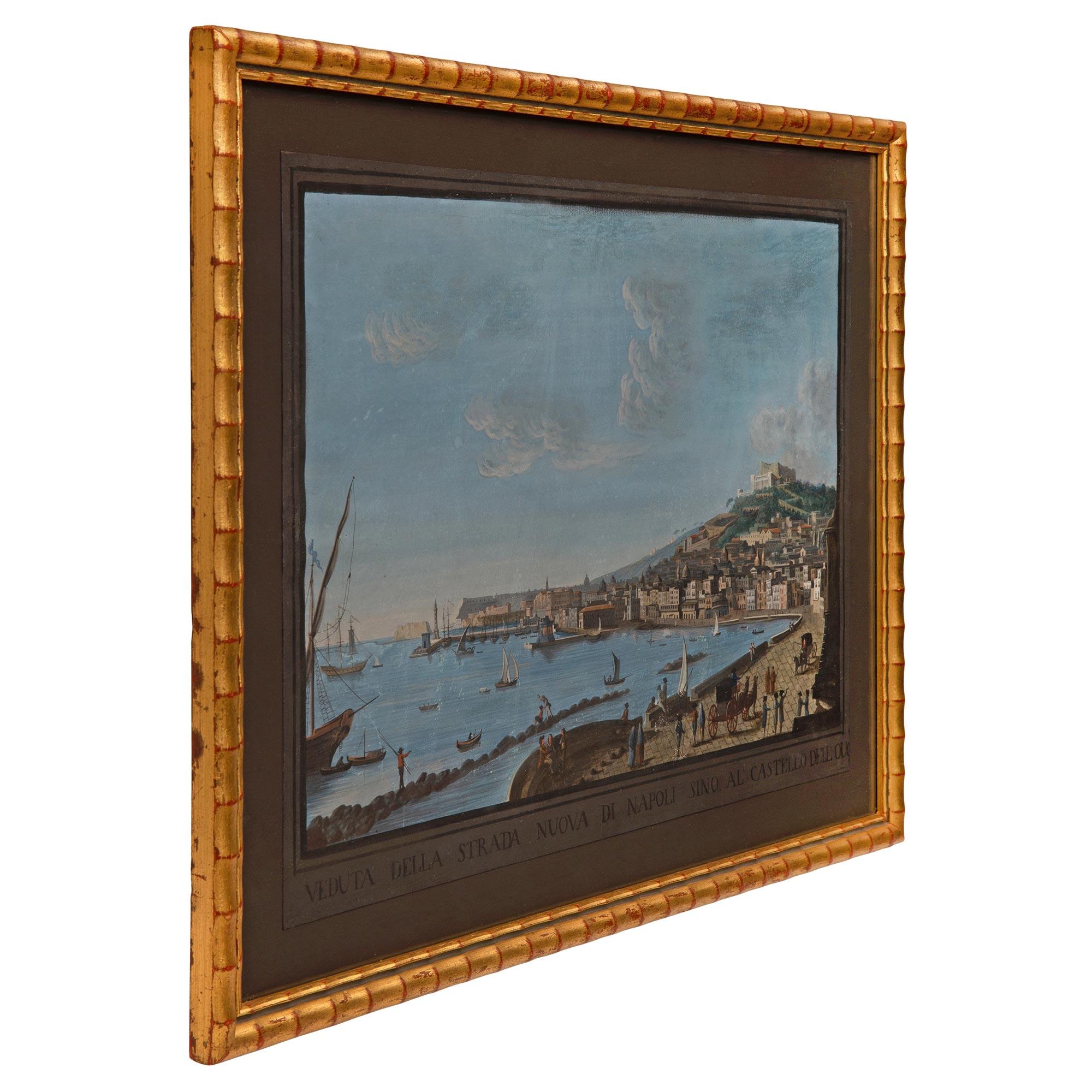 A beautiful Italian 19th century gouache of Naples, Italy. The wonderfully executed gouache depicts the port and bay of the charming fishing town of Naples with finely detailed boats, personages, horse and carriages with the town in the background