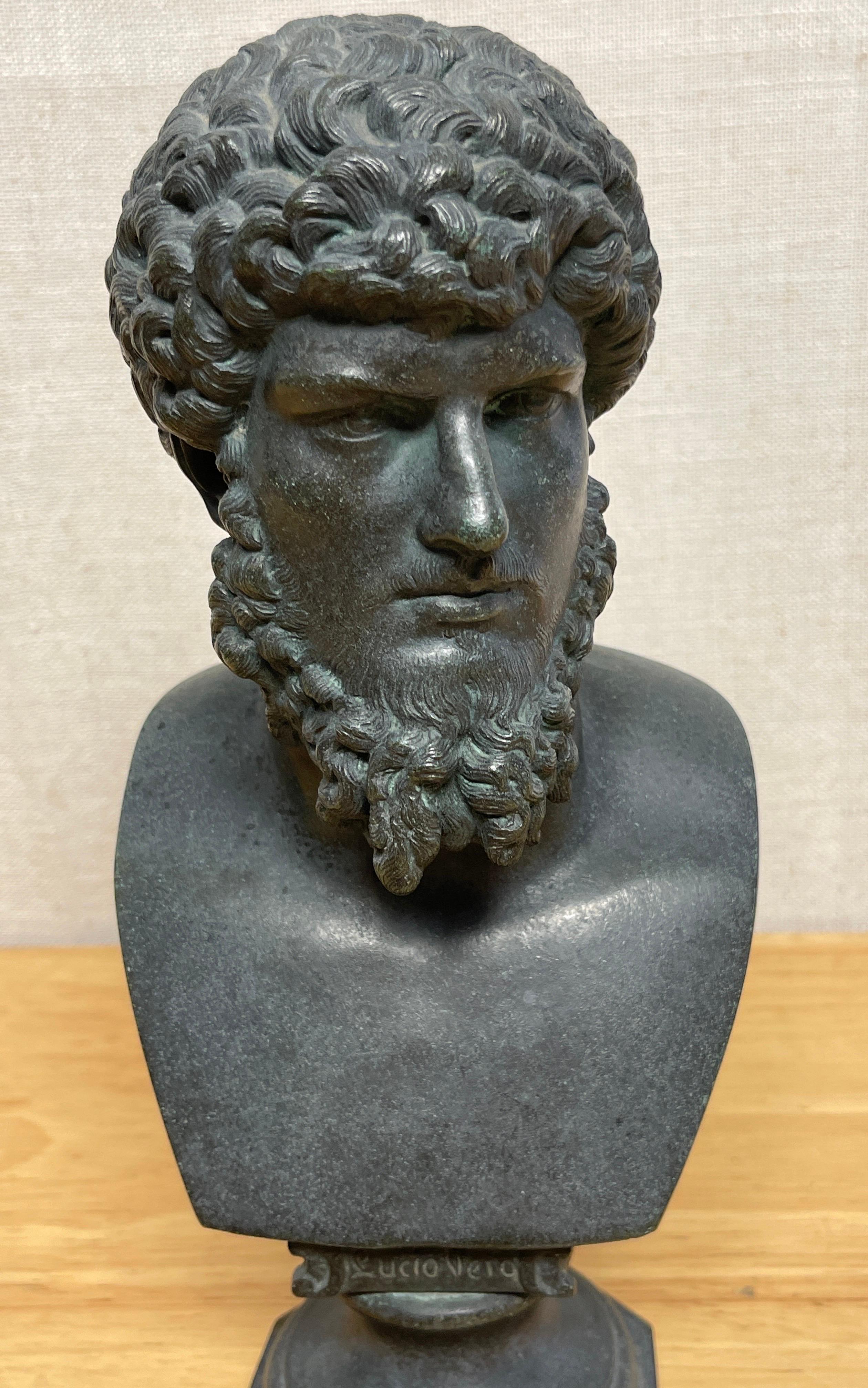 Italian 19th century grand tour portrait bust of Emperor 'Lucio Vero'
Italy, Circa 1890s

A well executed 'After the Antique' patinated bronze portrait bust inscribed 'Lucio Vero' (Lucius Verus) 

 'Lucio Vero'/ Lucius Verus (130 AD- 169