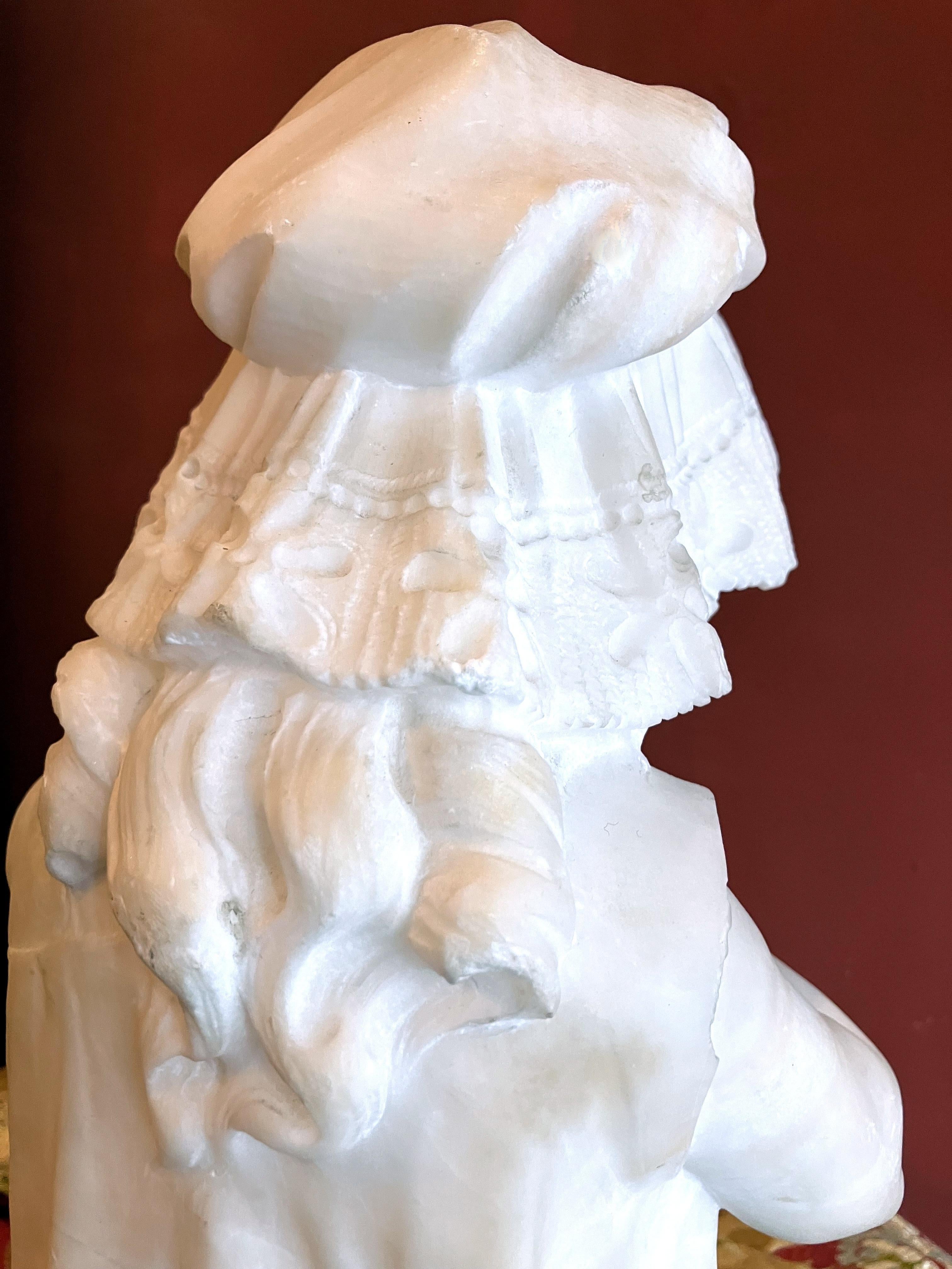 Italian 19th Century Hand Carved Alabaster Bust Sculpture of a Young Girl Holdin For Sale 5