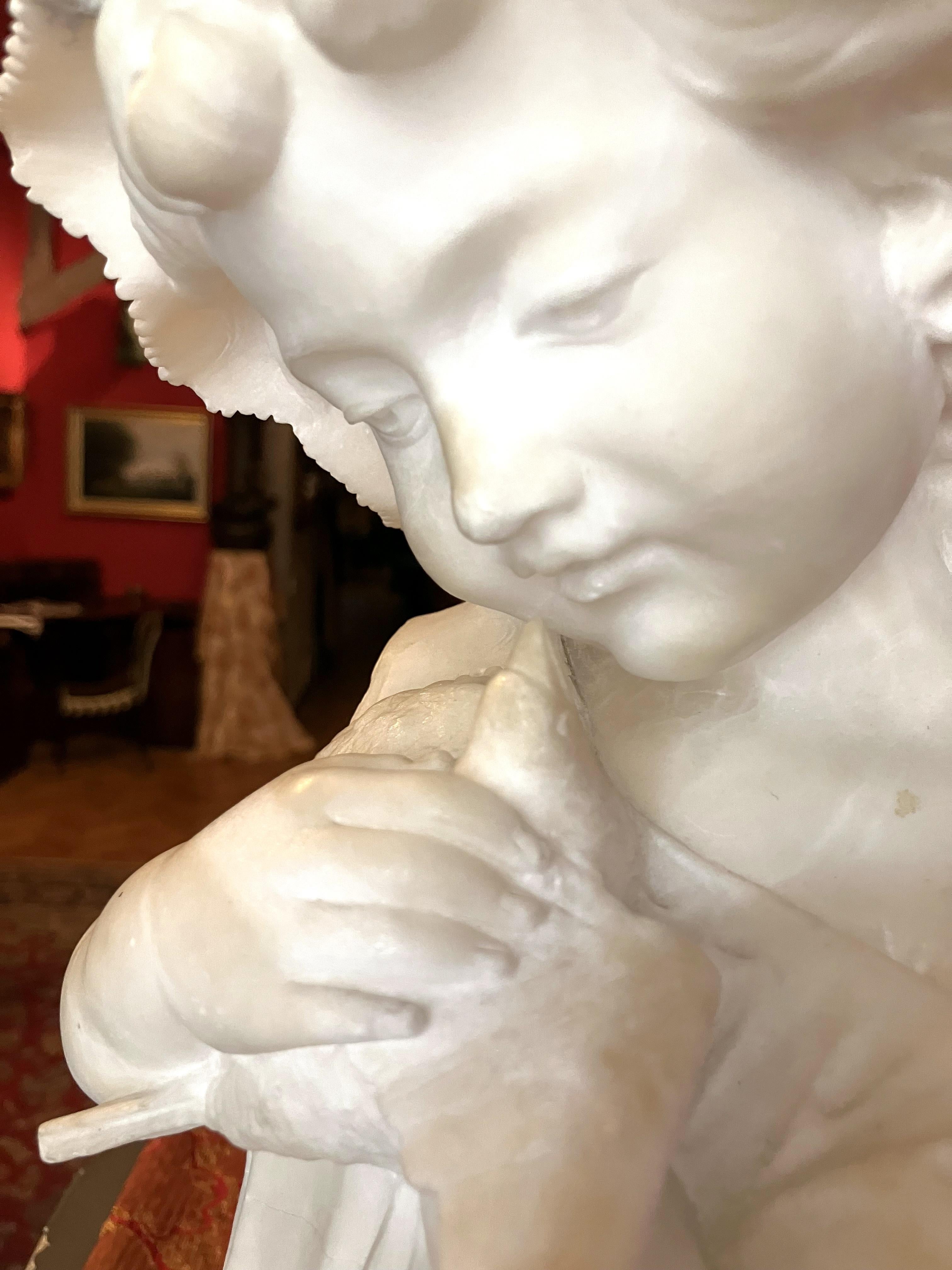Italian 19th Century Hand Carved Alabaster Bust Sculpture of a Young Girl Holdin For Sale 6