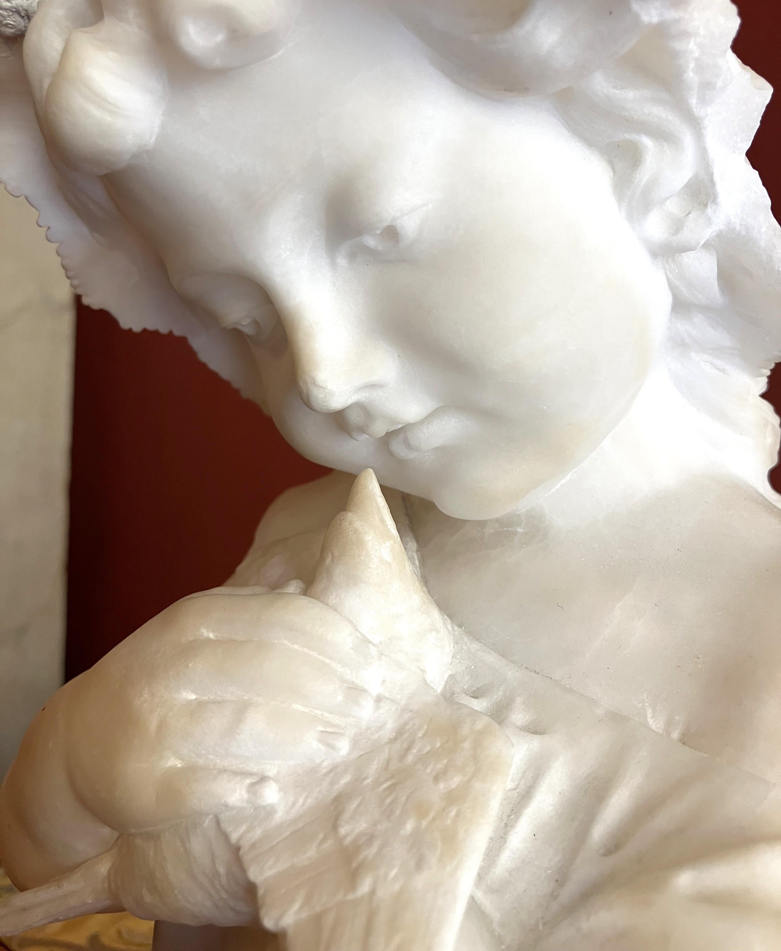 Art Nouveau Italian 19th Century Hand Carved Alabaster Bust Sculpture of a Young Girl Holdin For Sale