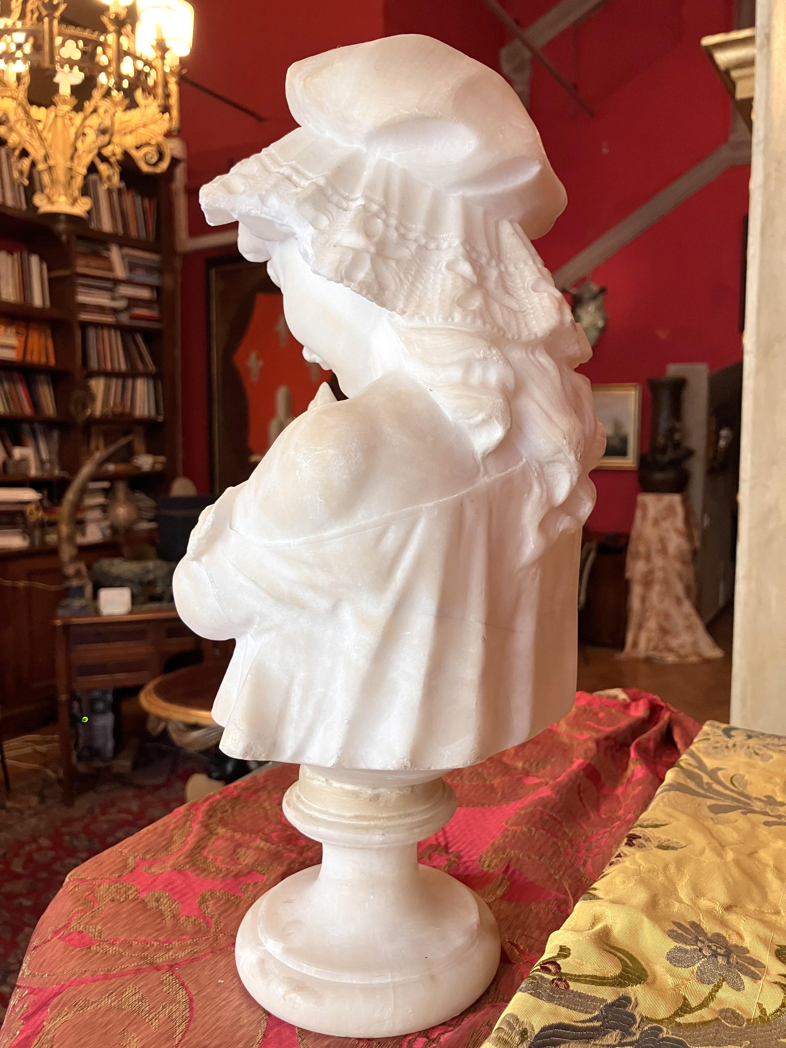 Hand-Carved Italian 19th Century Hand Carved Alabaster Bust Sculpture of a Young Girl Holdin For Sale