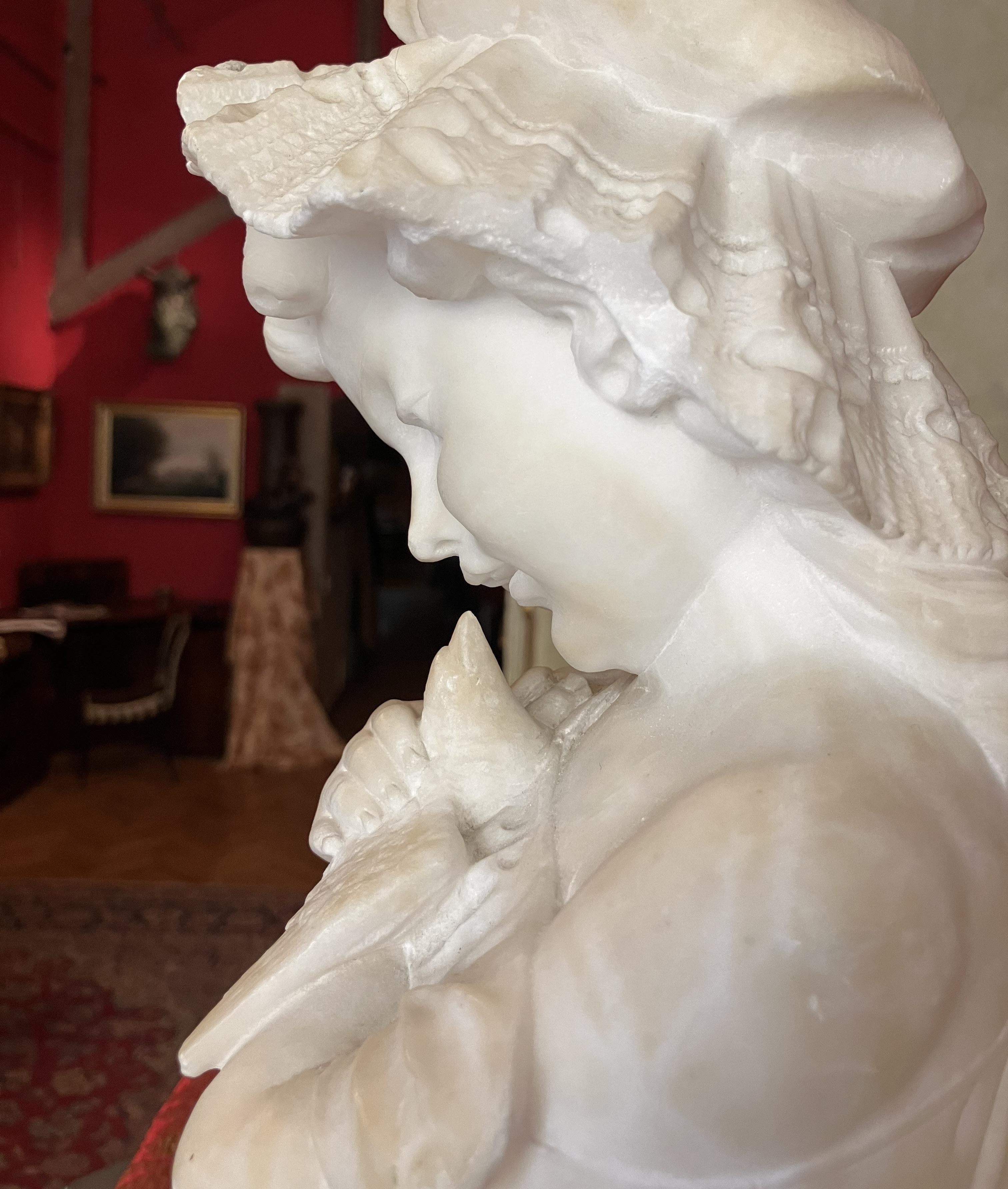 Italian 19th Century Hand Carved Alabaster Bust Sculpture of a Young Girl Holdin For Sale 1