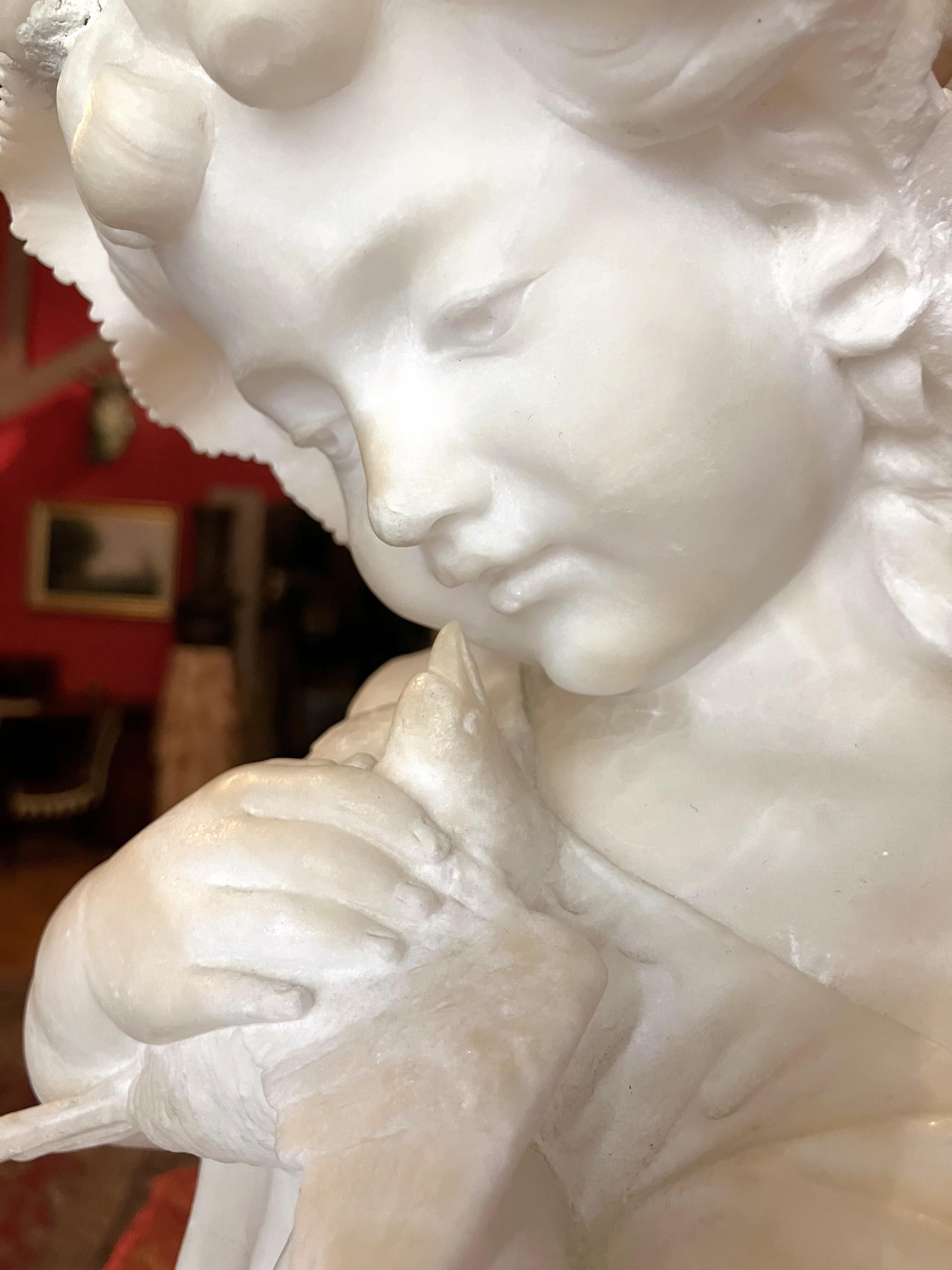 Italian 19th Century Hand Carved Alabaster Bust Sculpture of a Young Girl Holdin For Sale 2
