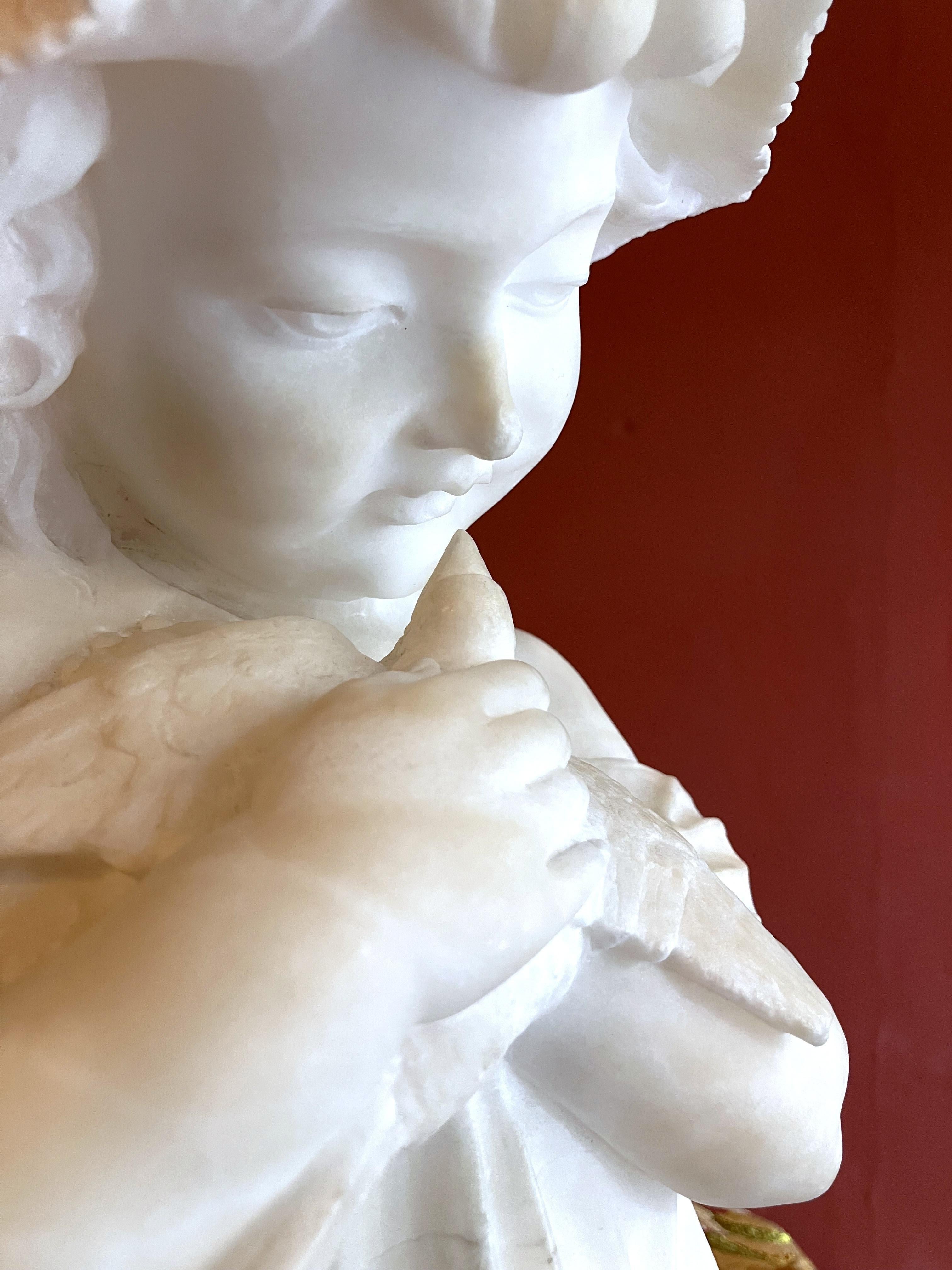 Italian 19th Century Hand Carved Alabaster Bust Sculpture of a Young Girl Holdin For Sale 3