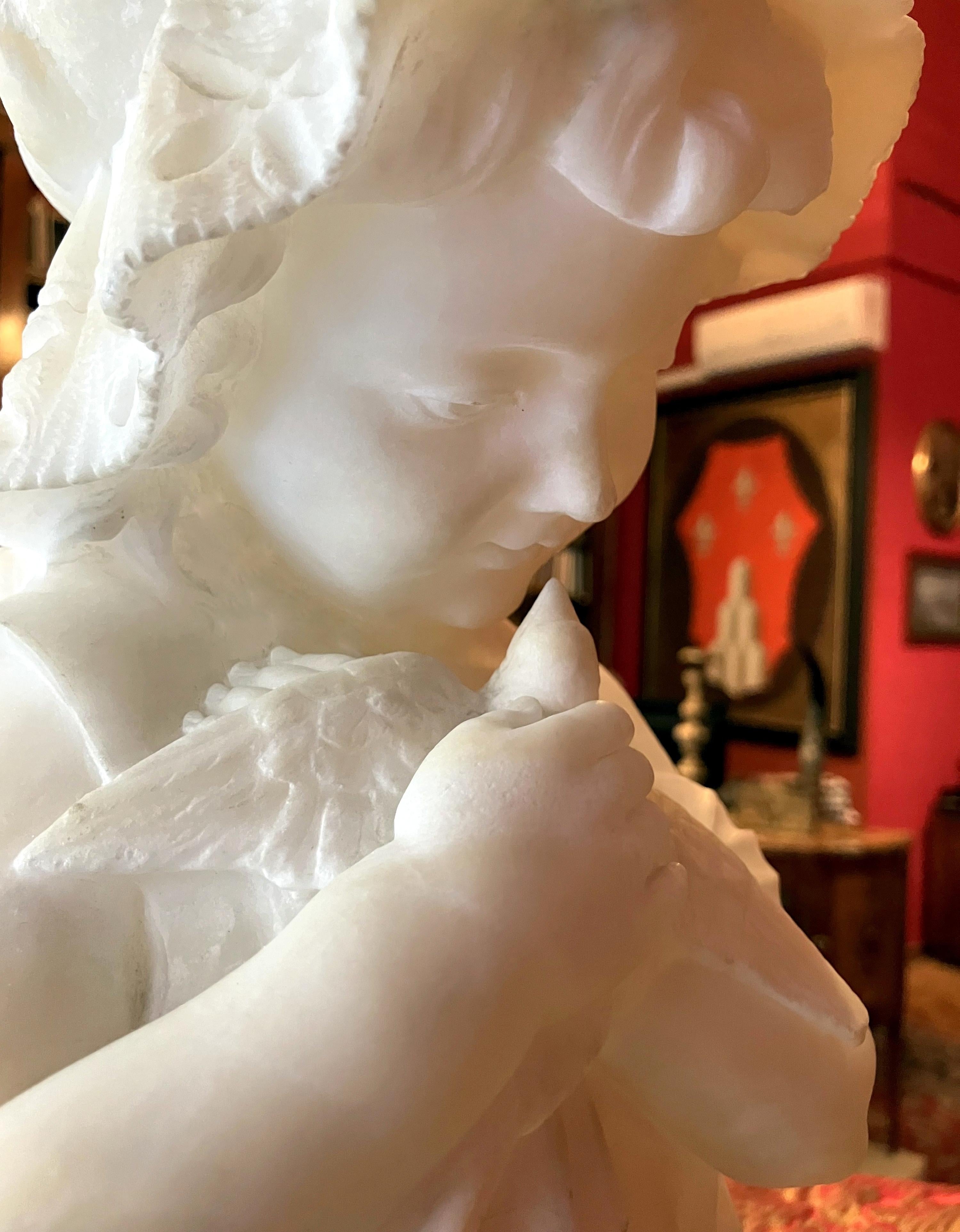 Italian 19th Century Hand Carved Alabaster Bust Sculpture of a Young Girl Holdin For Sale 4