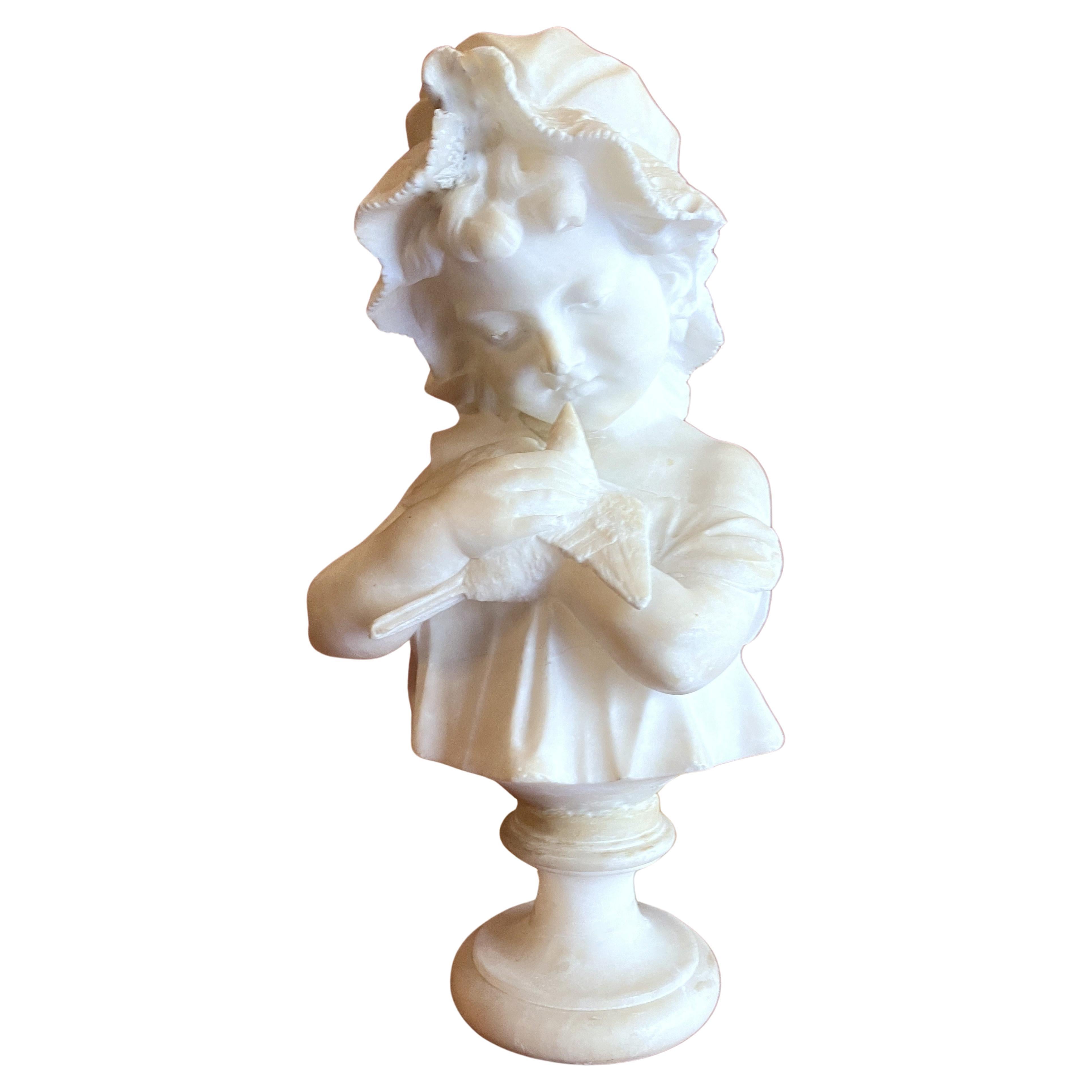 Italian 19th Century Hand Carved Alabaster Bust Sculpture of a Young Girl Holdin For Sale