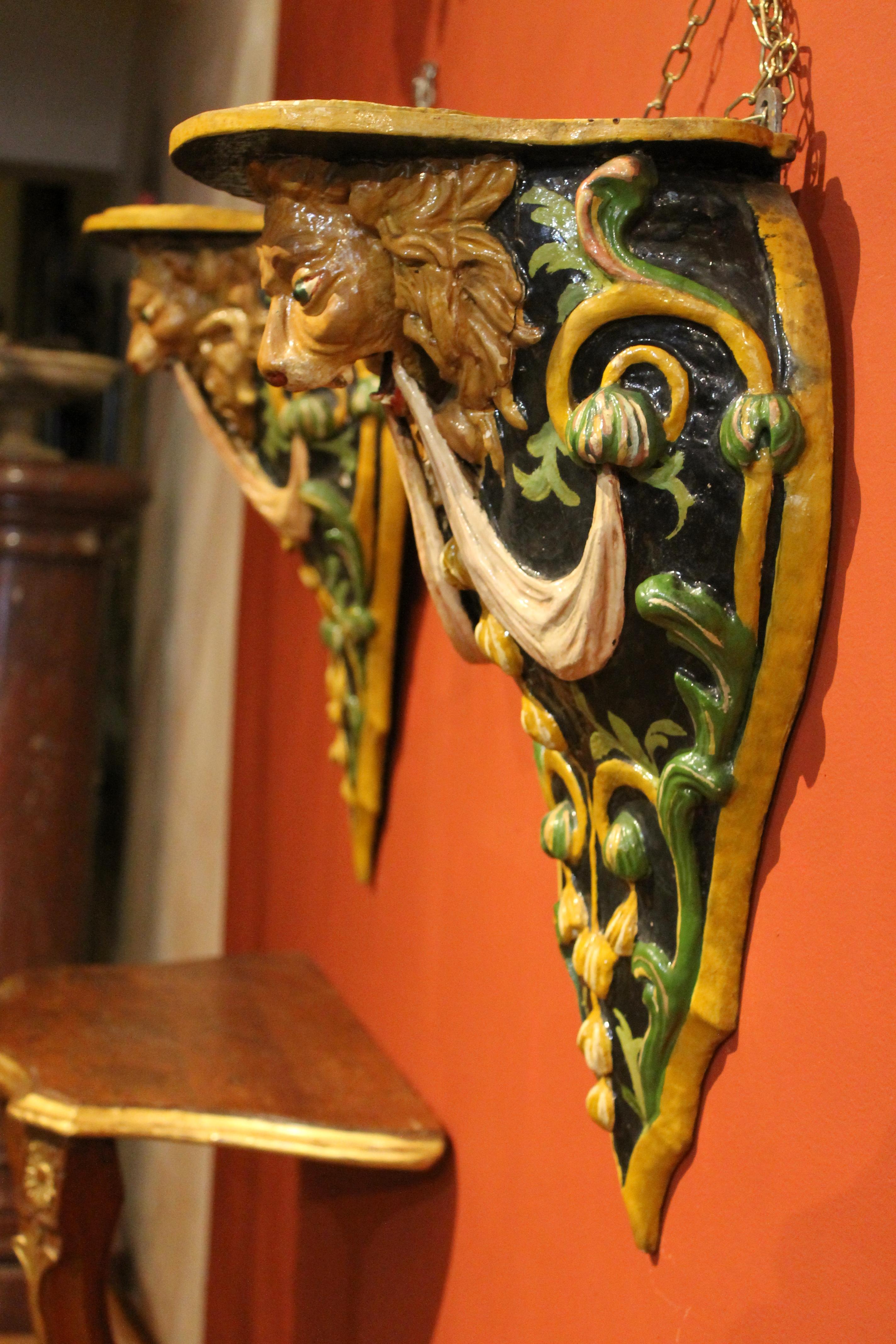 Italian 19th Century Hand Carved and Lacquer Wood Wall Brackets with Lion Heads 1