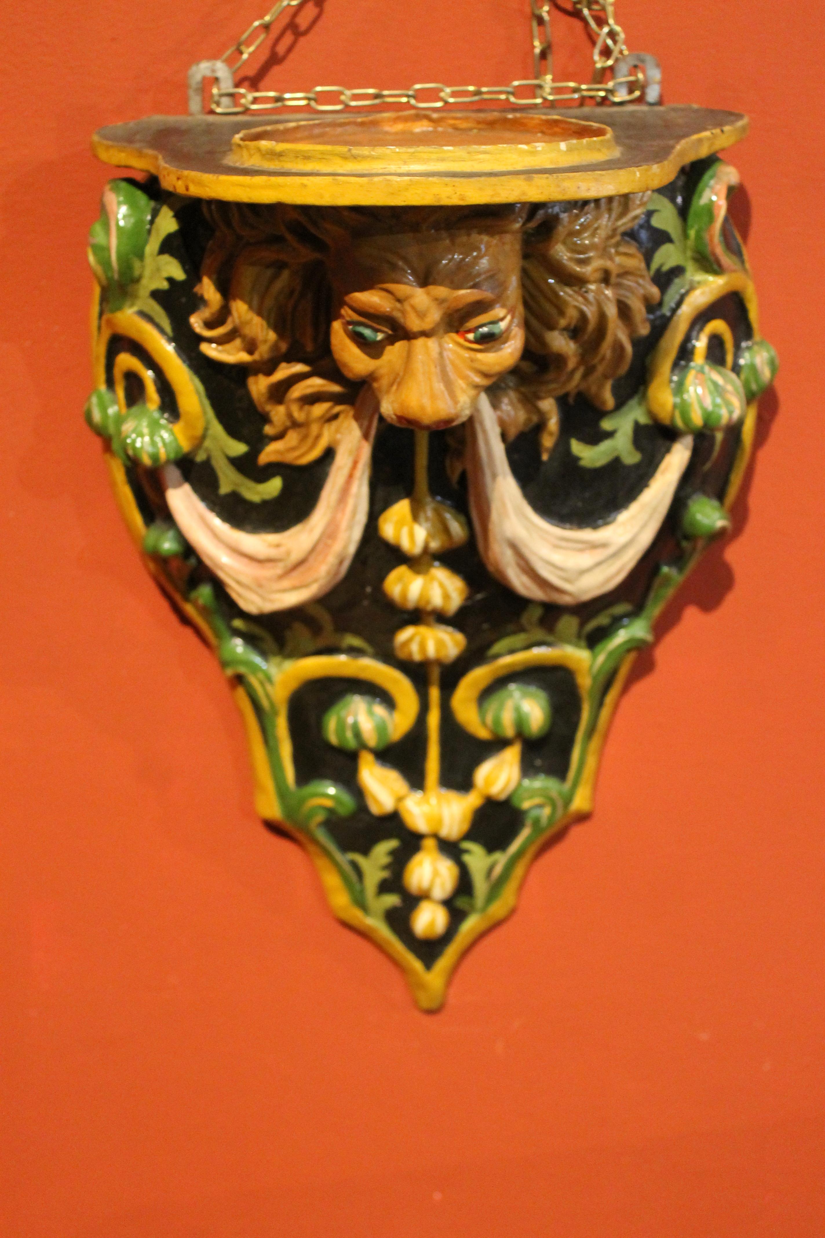 Italian 19th Century Hand Carved and Lacquer Wood Wall Brackets with Lion Heads 2