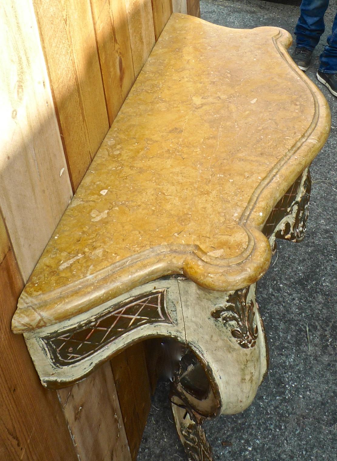 Italian 19th Century Hand Carved Hand Painted Wood Console Table with Marble Top In Distressed Condition In Santa Monica, CA