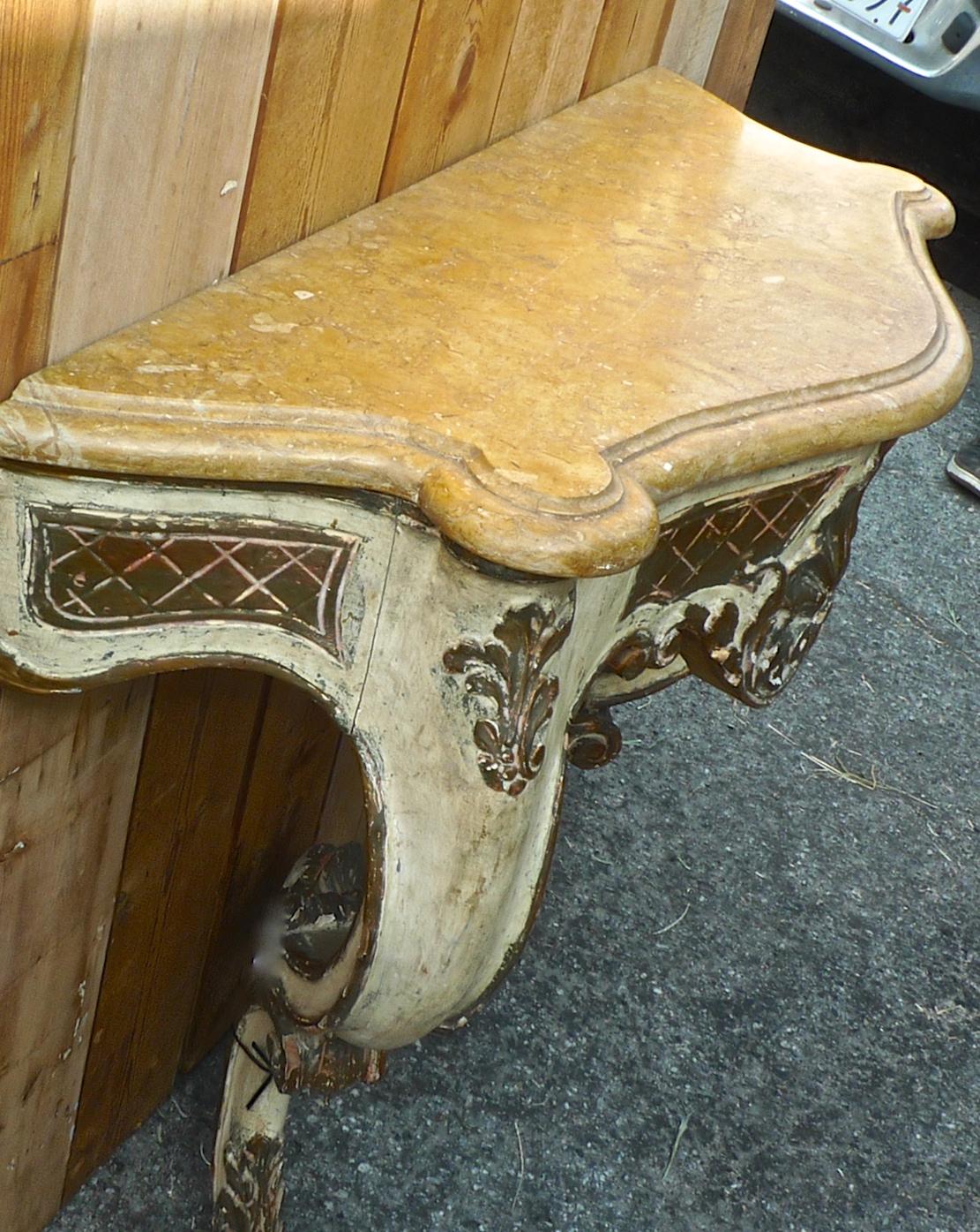 Italian 19th Century Hand Carved Hand Painted Wood Console Table with Marble Top 1