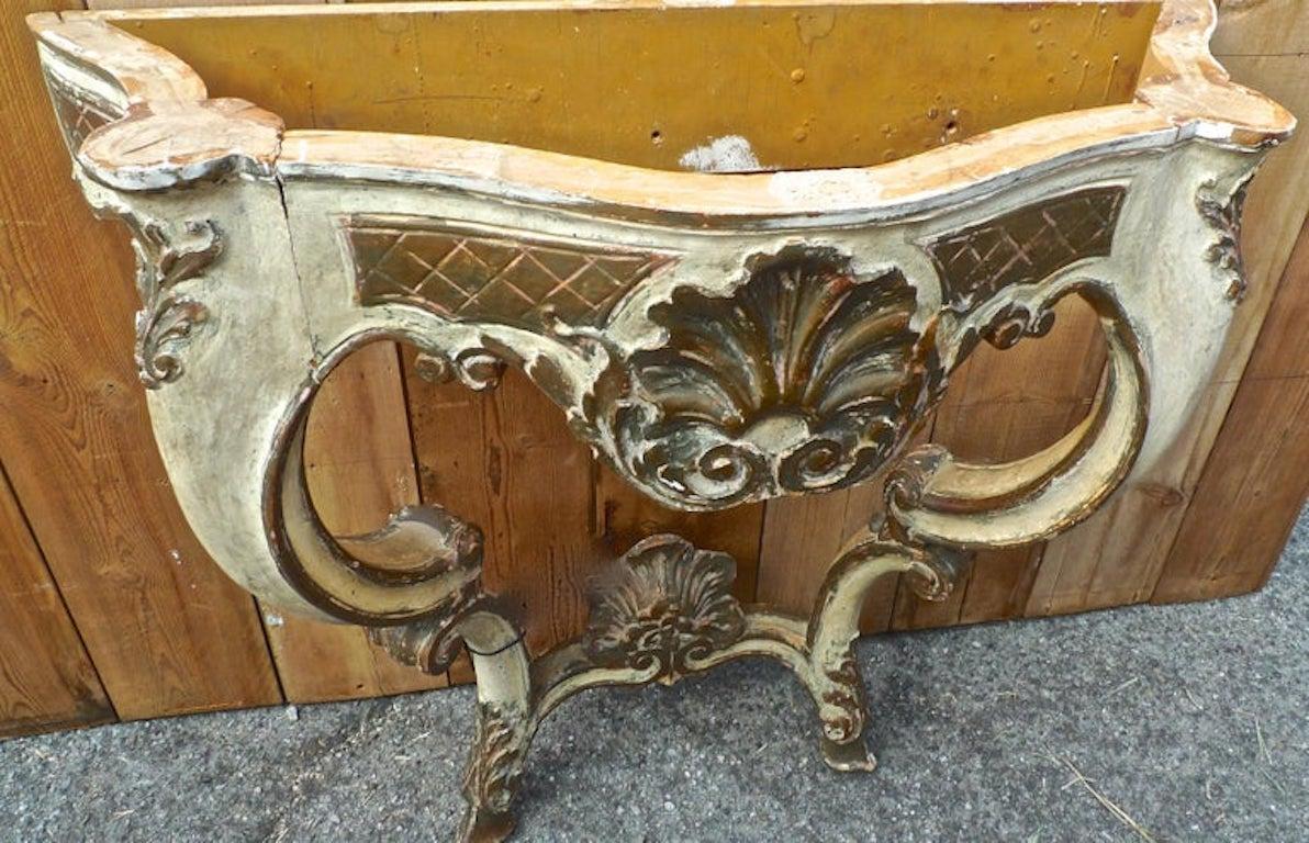 Italian 19th Century Hand Carved Hand Painted Wood Console Table with Marble Top In Distressed Condition For Sale In Santa Monica, CA