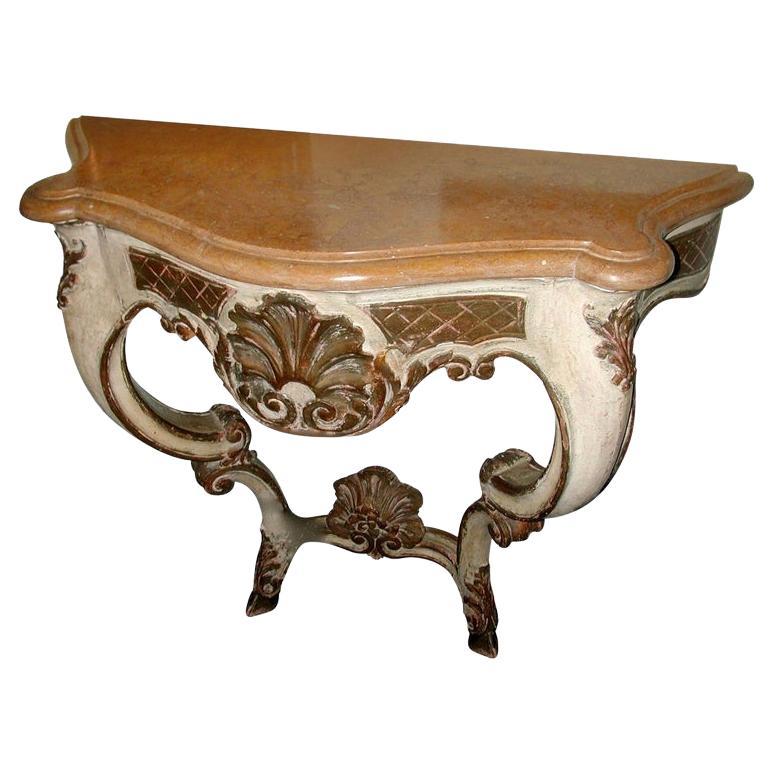 Table console italienne du 19ème siècle en bois sculpté et peint à la main avec plateau en marbre