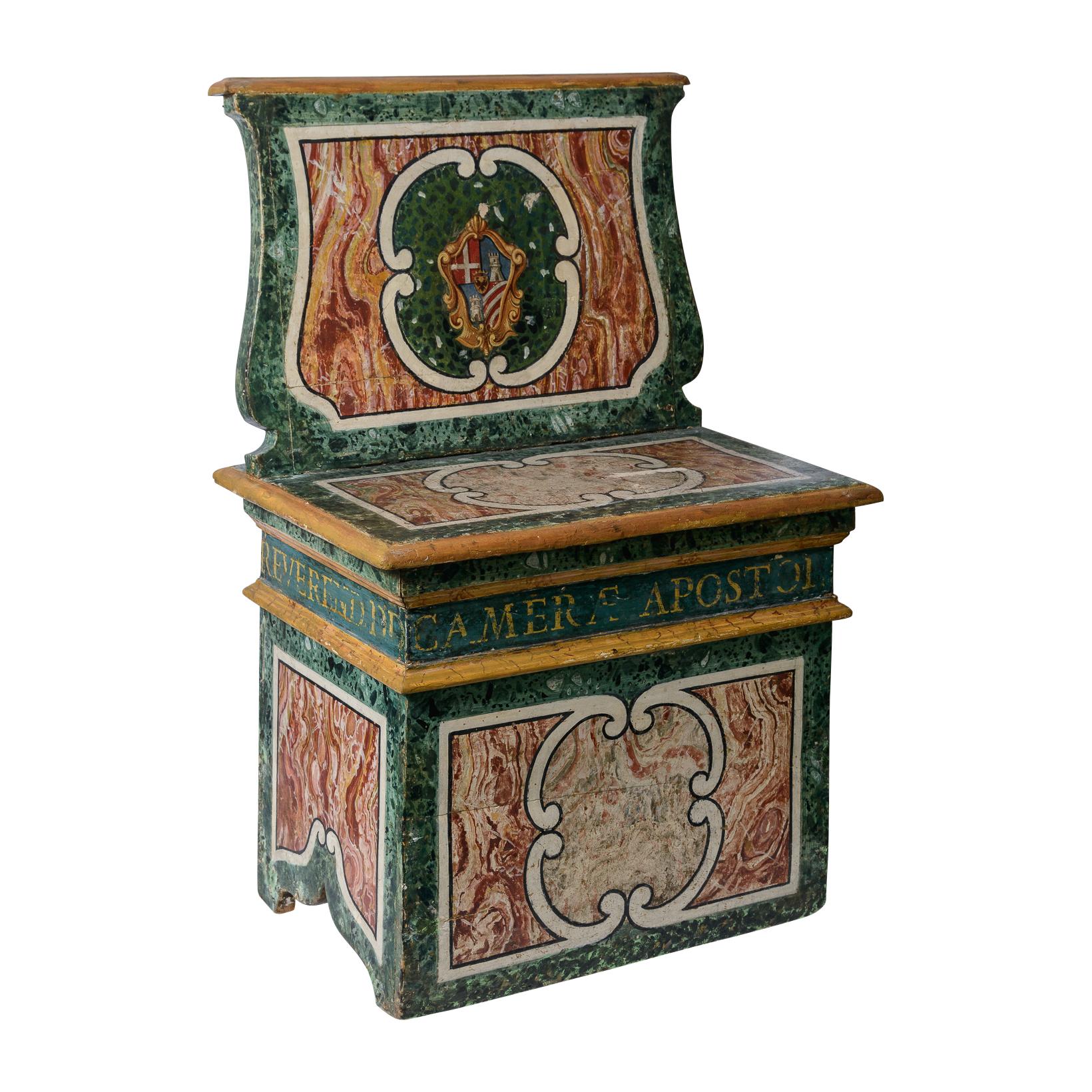 Baroque Italian 19th Century Hand Painted Faux Marble Hall Chairs With Armorials, Pair For Sale
