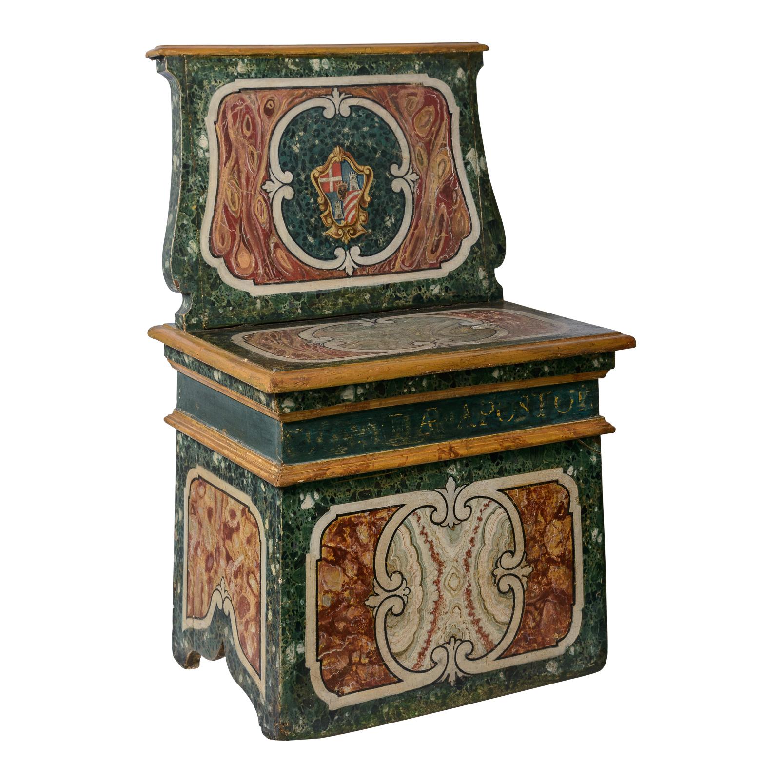 Wood Italian 19th Century Hand Painted Faux Marble Hall Chairs With Armorials, Pair For Sale