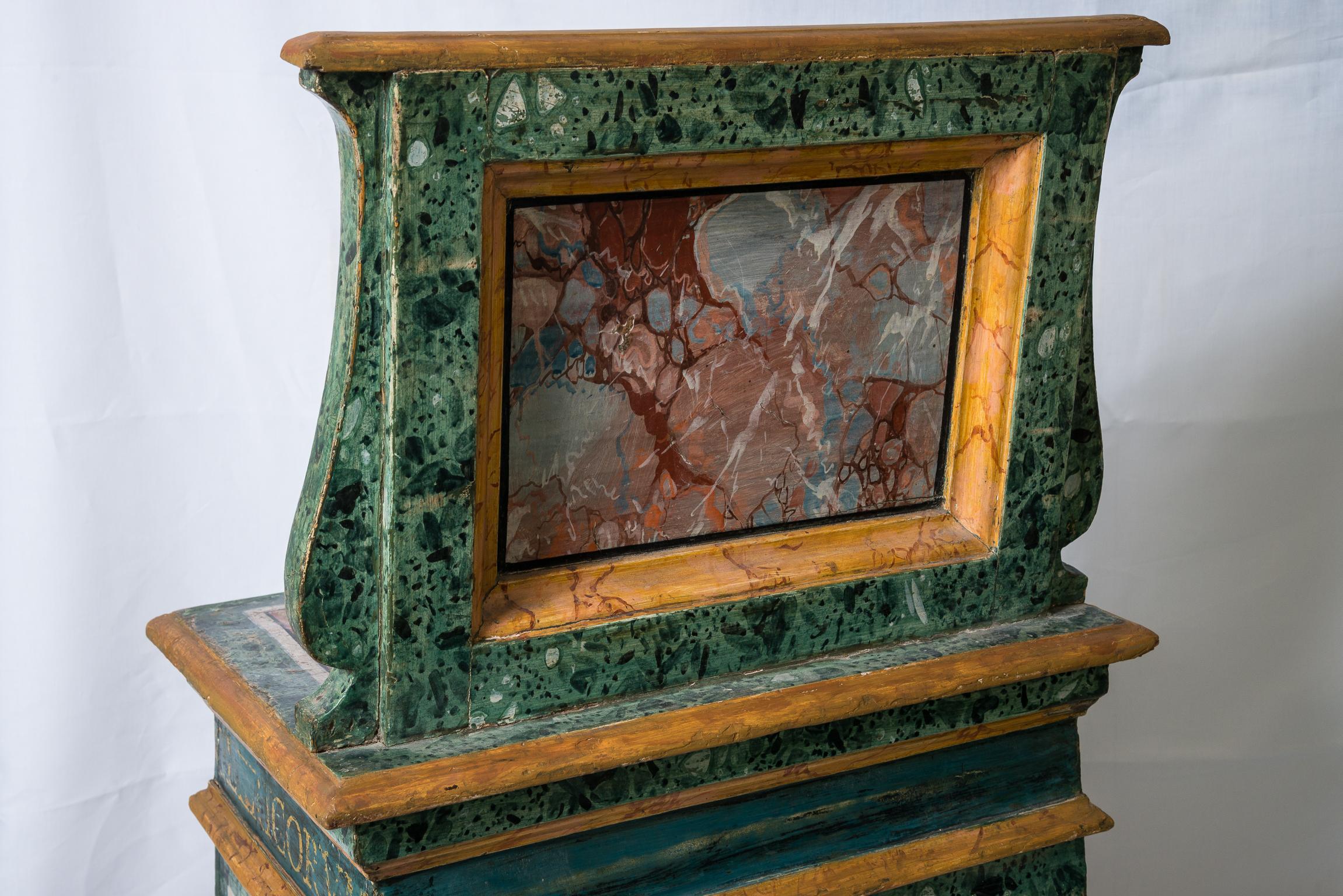 Italian 19th Century Hand Painted Faux Marble Hall Chairs With Armorials, Pair For Sale 9