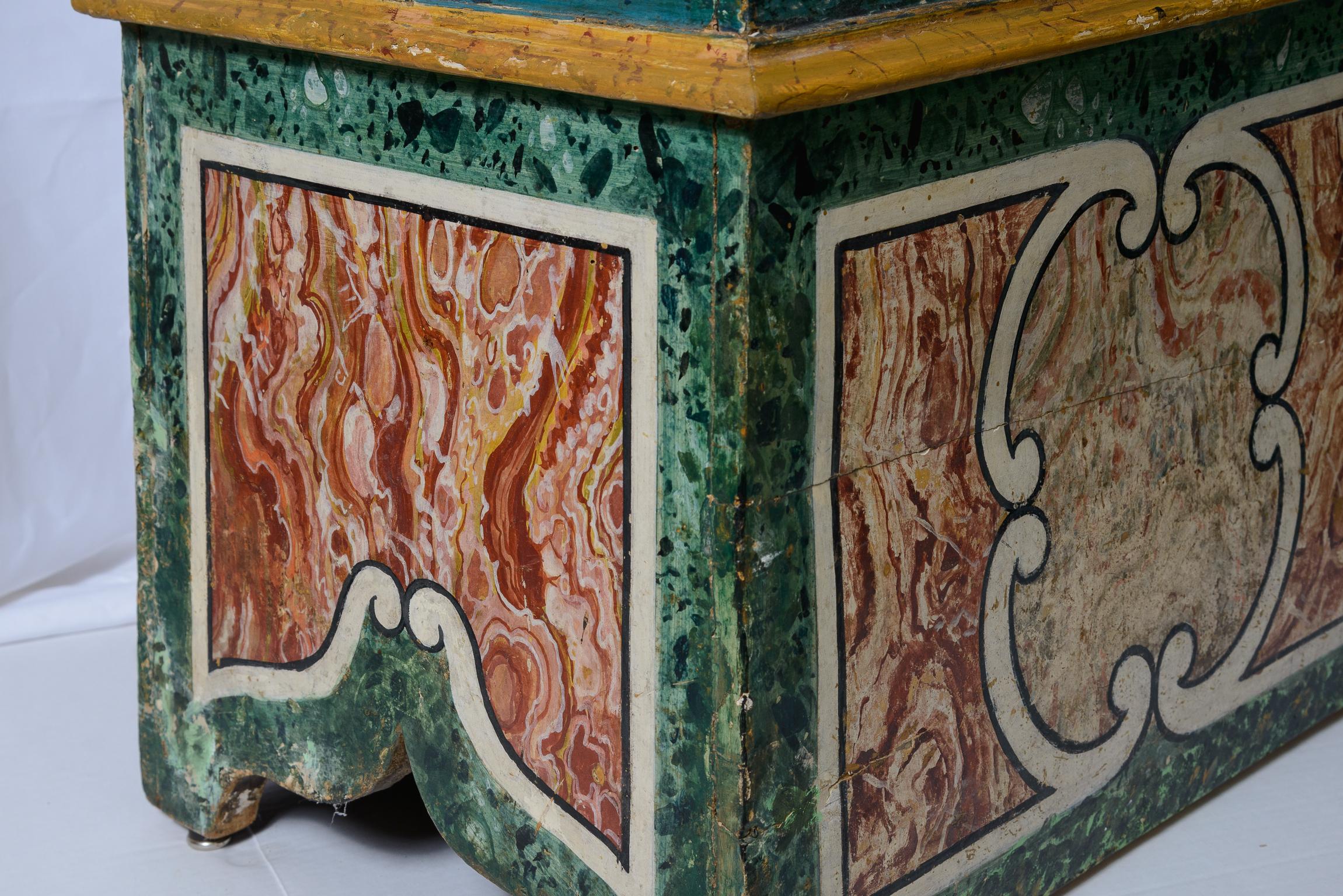 Italian 19th Century Hand Painted Faux Marble Hall Chairs With Armorials, Pair For Sale 11