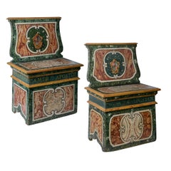 Italian 19th Century Hand Painted Faux Marble Hall Chairs With Armorials, Pair