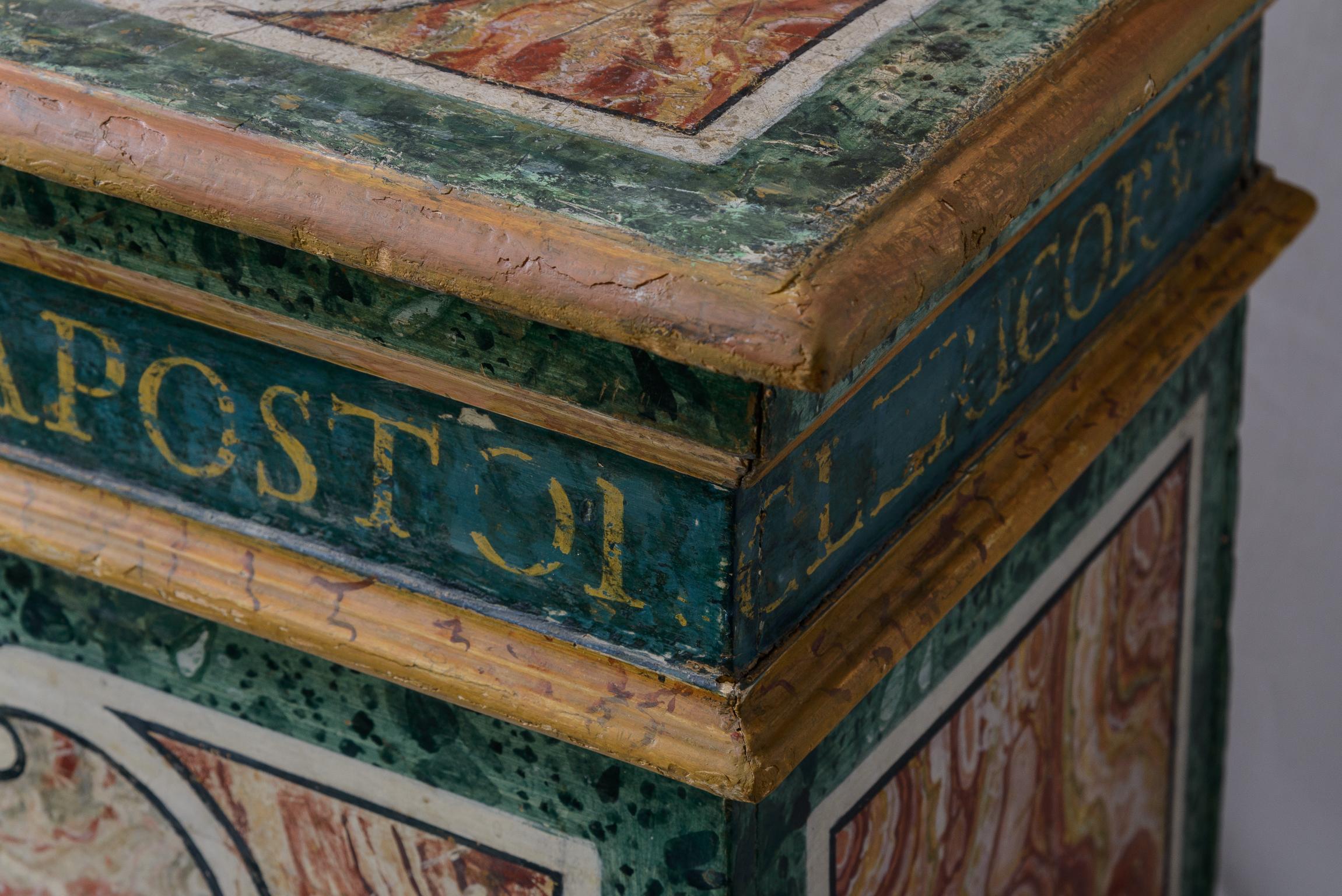 Italian 19th Century Hand Painted Faux Marble Hall Chairs With Armorials, Pair For Sale 13