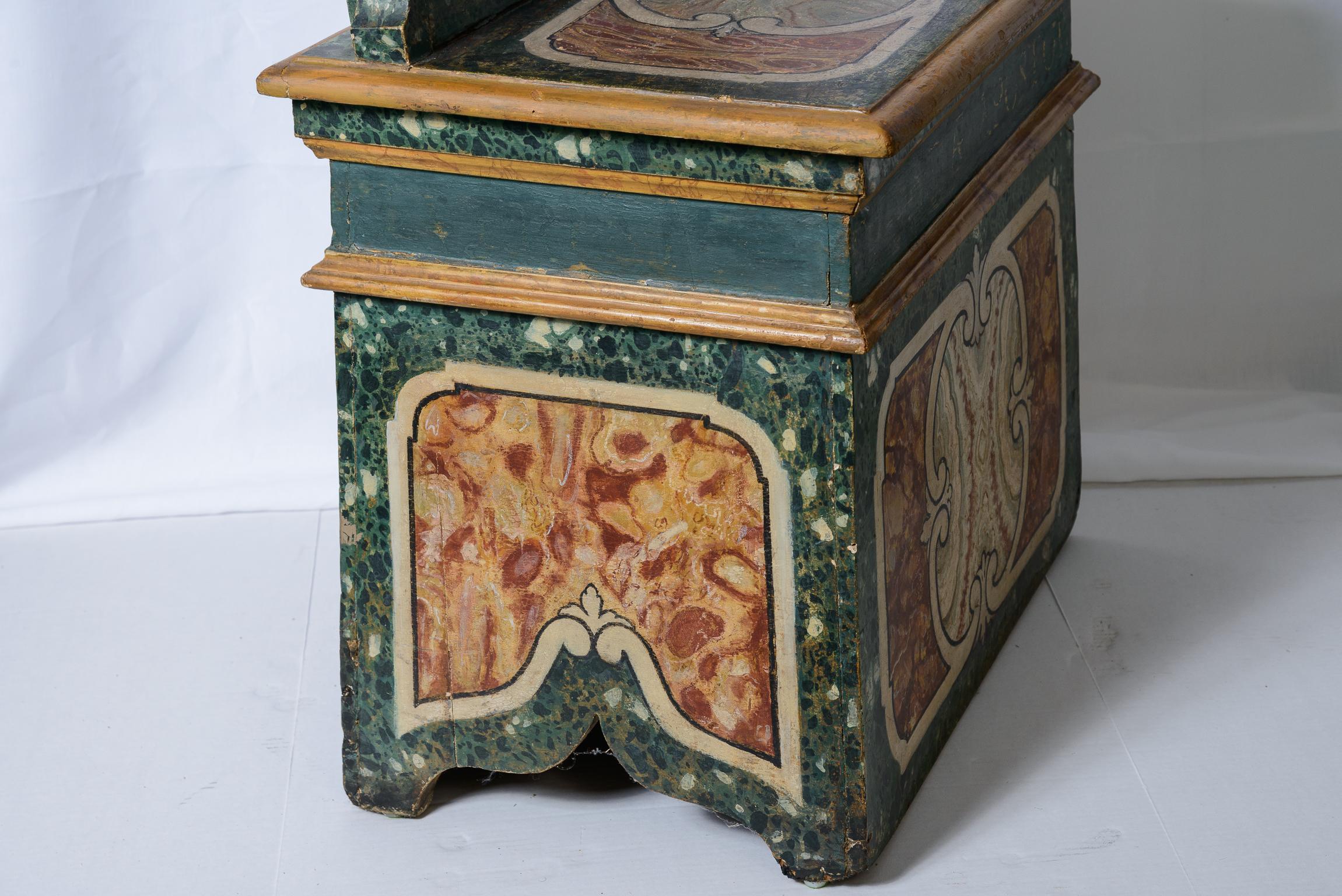 Italian 19th Century Hand Painted Faux Marble Hall Chairs With Armorials, Pair For Sale 14