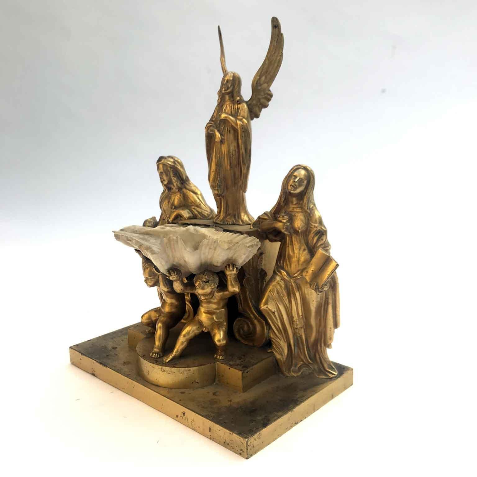 19th Century Italian Gilded Holy Water Font with Putti Angel Saints and Shell 9