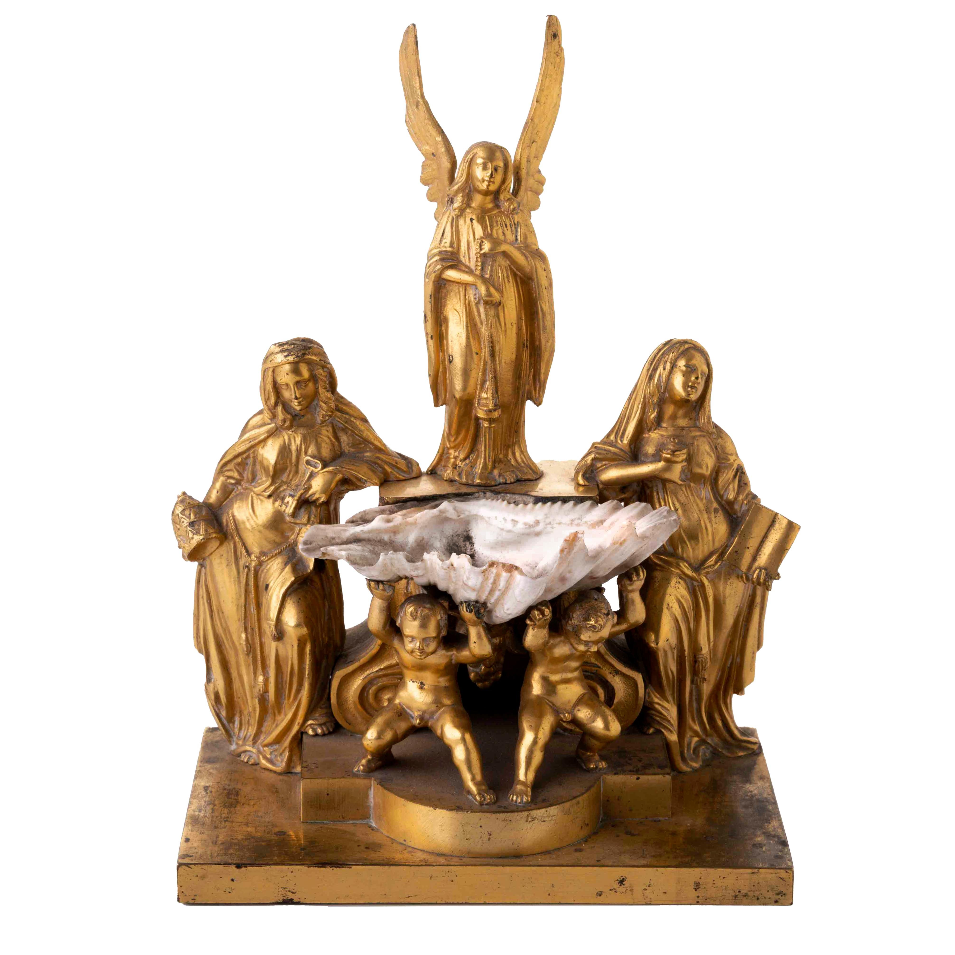 19th Century Italian Gilded Holy Water Font with Putti Angel Saints and Shell 8
