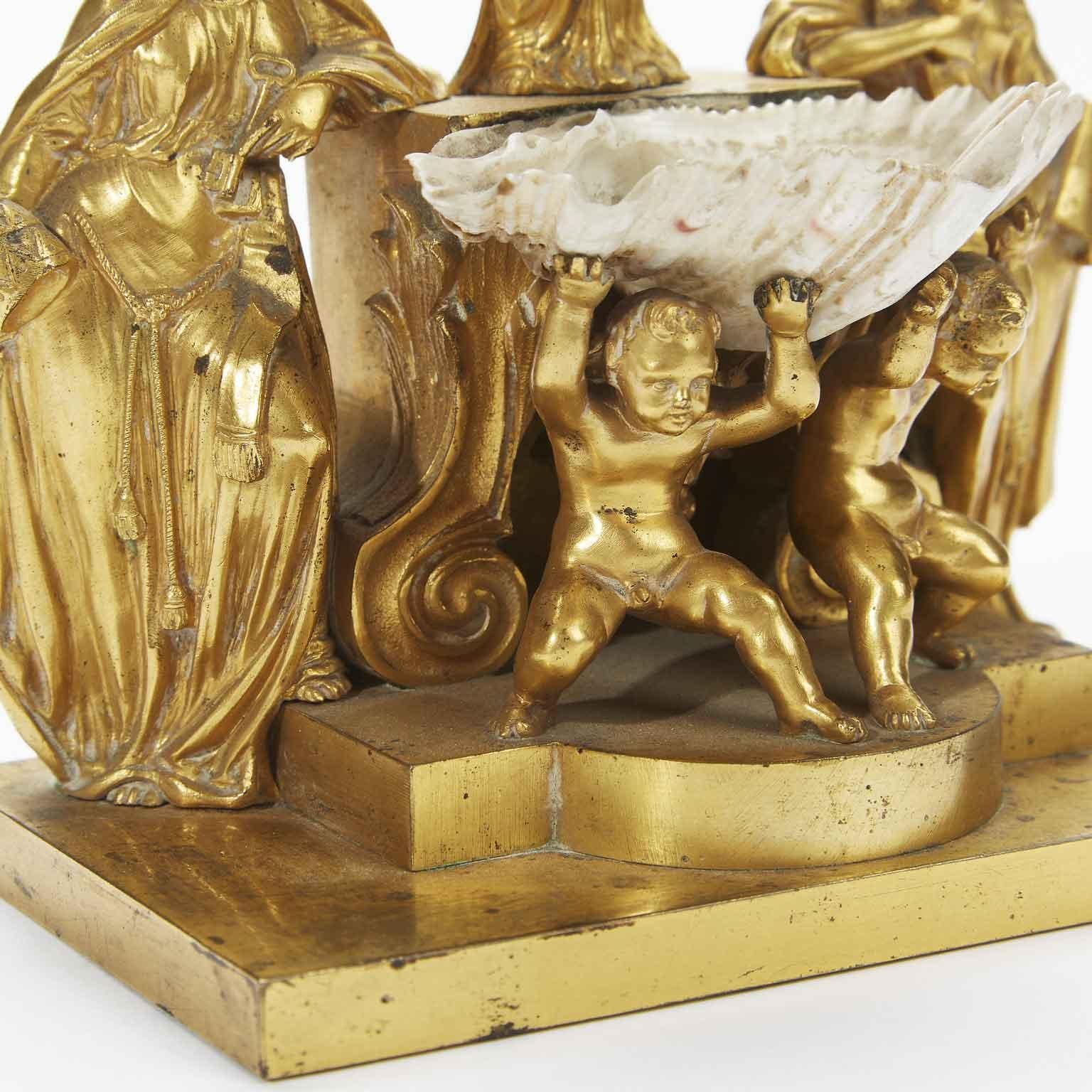 Neoclassical 19th Century Italian Gilded Holy Water Font with Putti Angel Saints and Shell