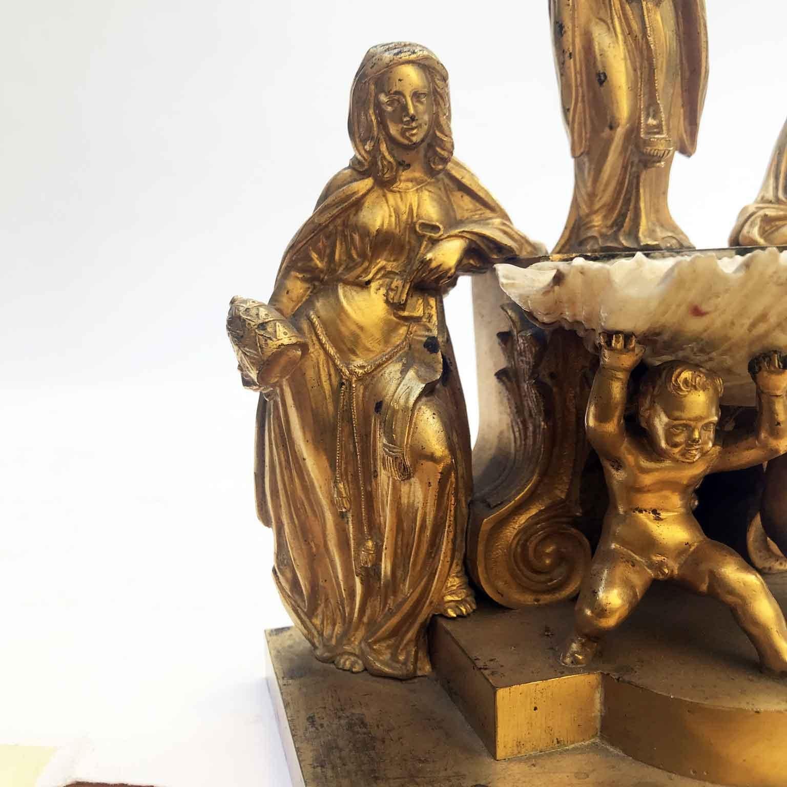 19th Century Italian Gilded Holy Water Font with Putti Angel Saints and Shell 10