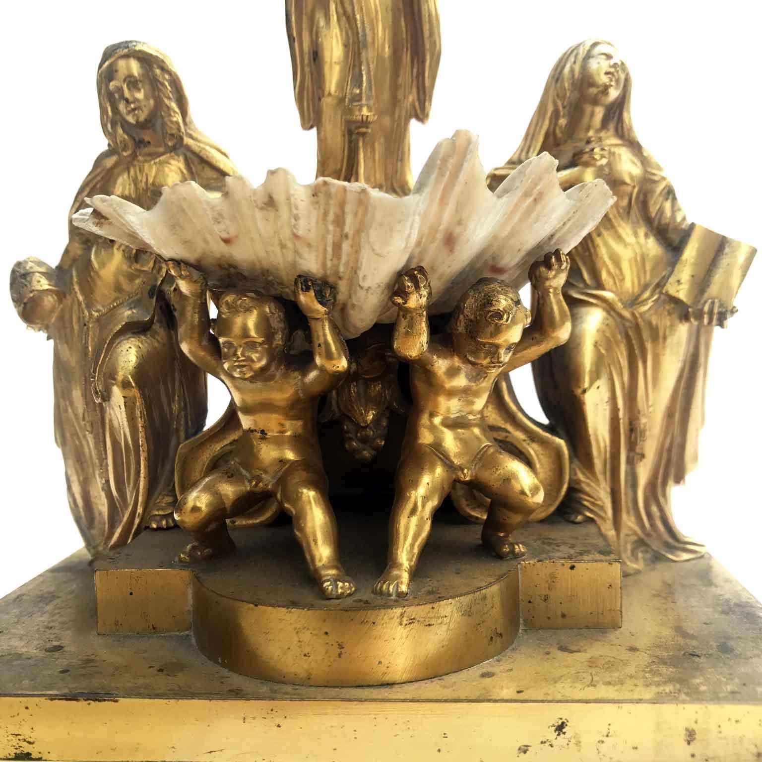 European 19th Century Italian Gilded Holy Water Font with Putti Angel Saints and Shell