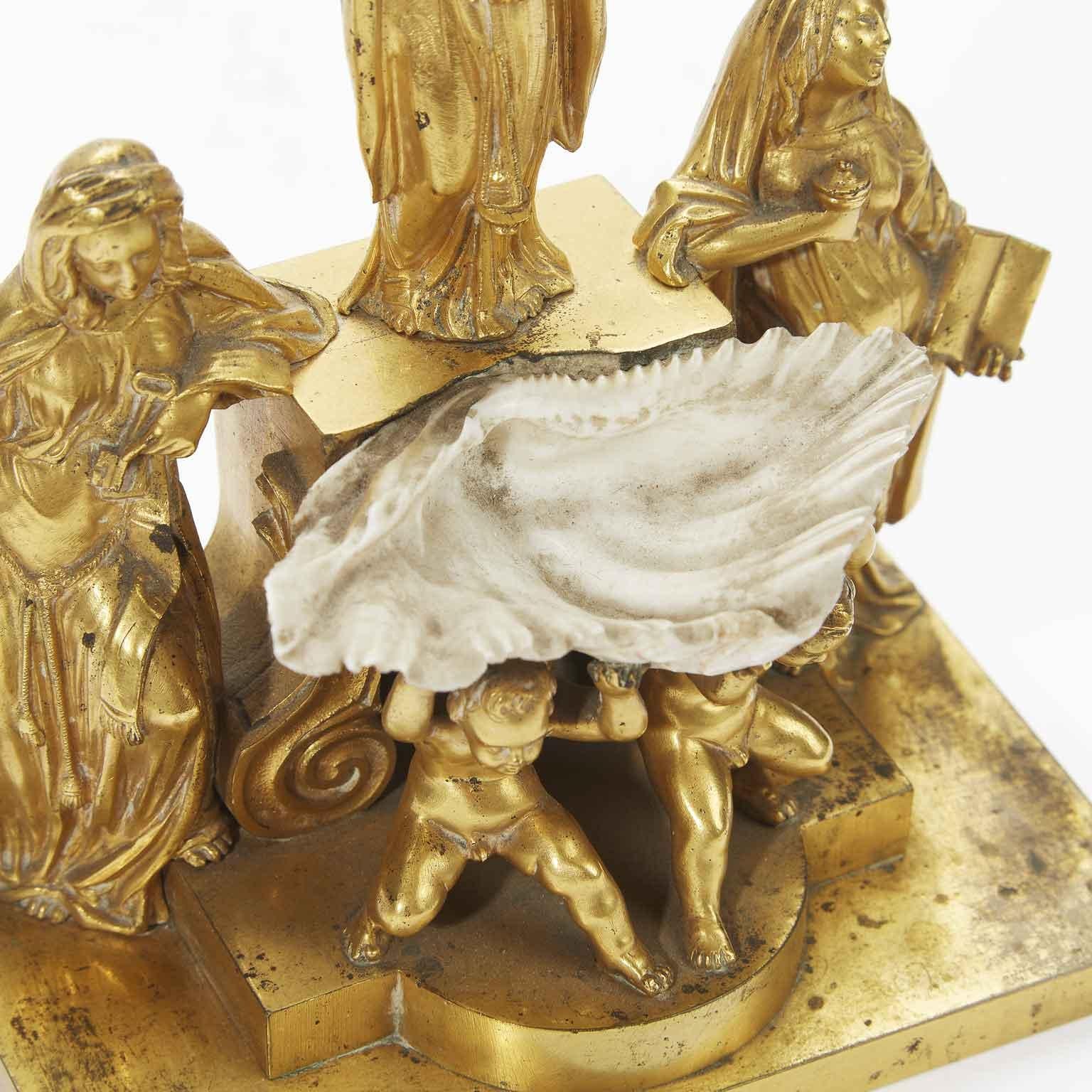 Gilt 19th Century Italian Gilded Holy Water Font with Putti Angel Saints and Shell