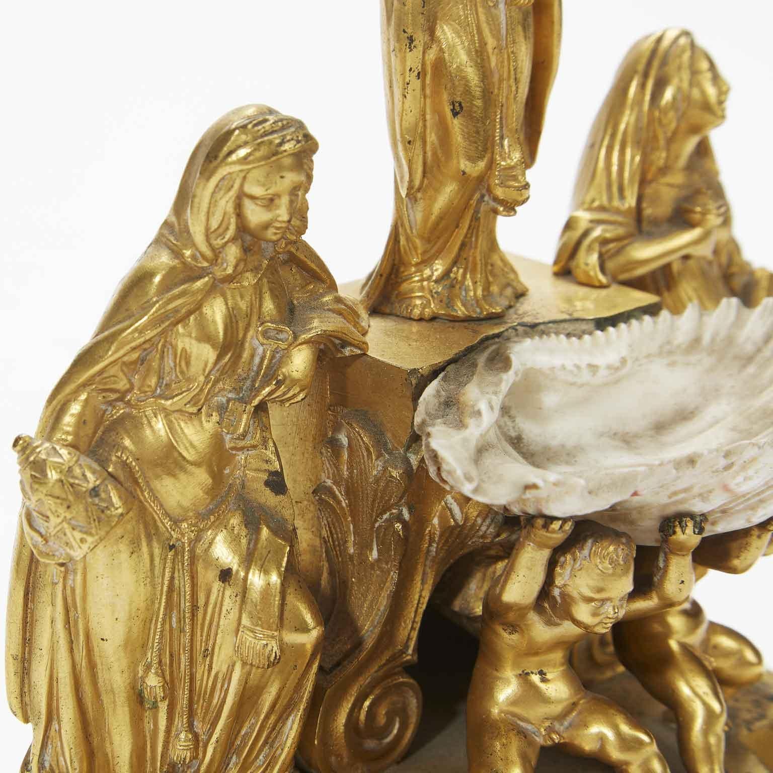19th Century Italian Gilded Holy Water Font with Putti Angel Saints and Shell In Good Condition In Milan, IT