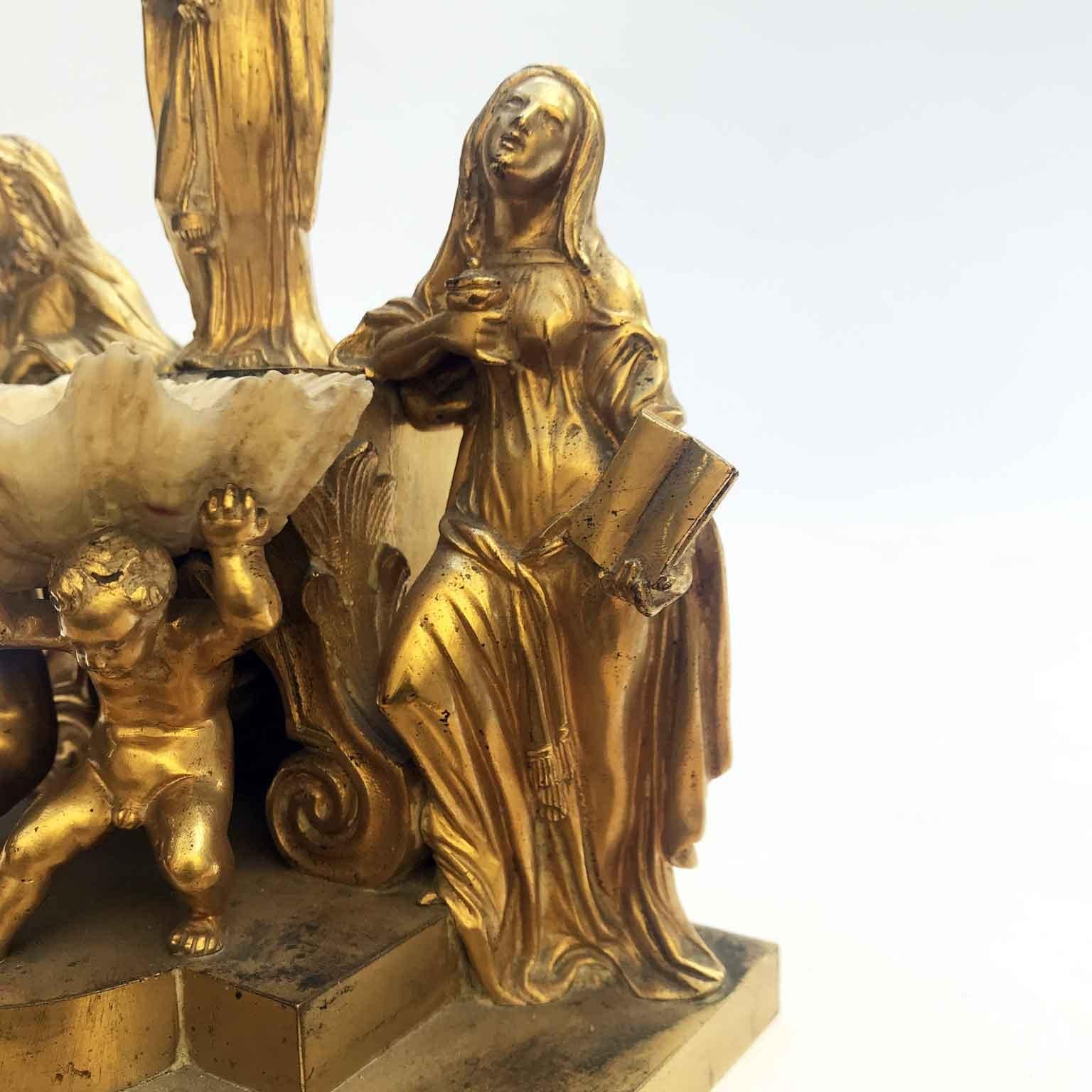 19th Century Italian Gilded Holy Water Font with Putti Angel Saints and Shell 1