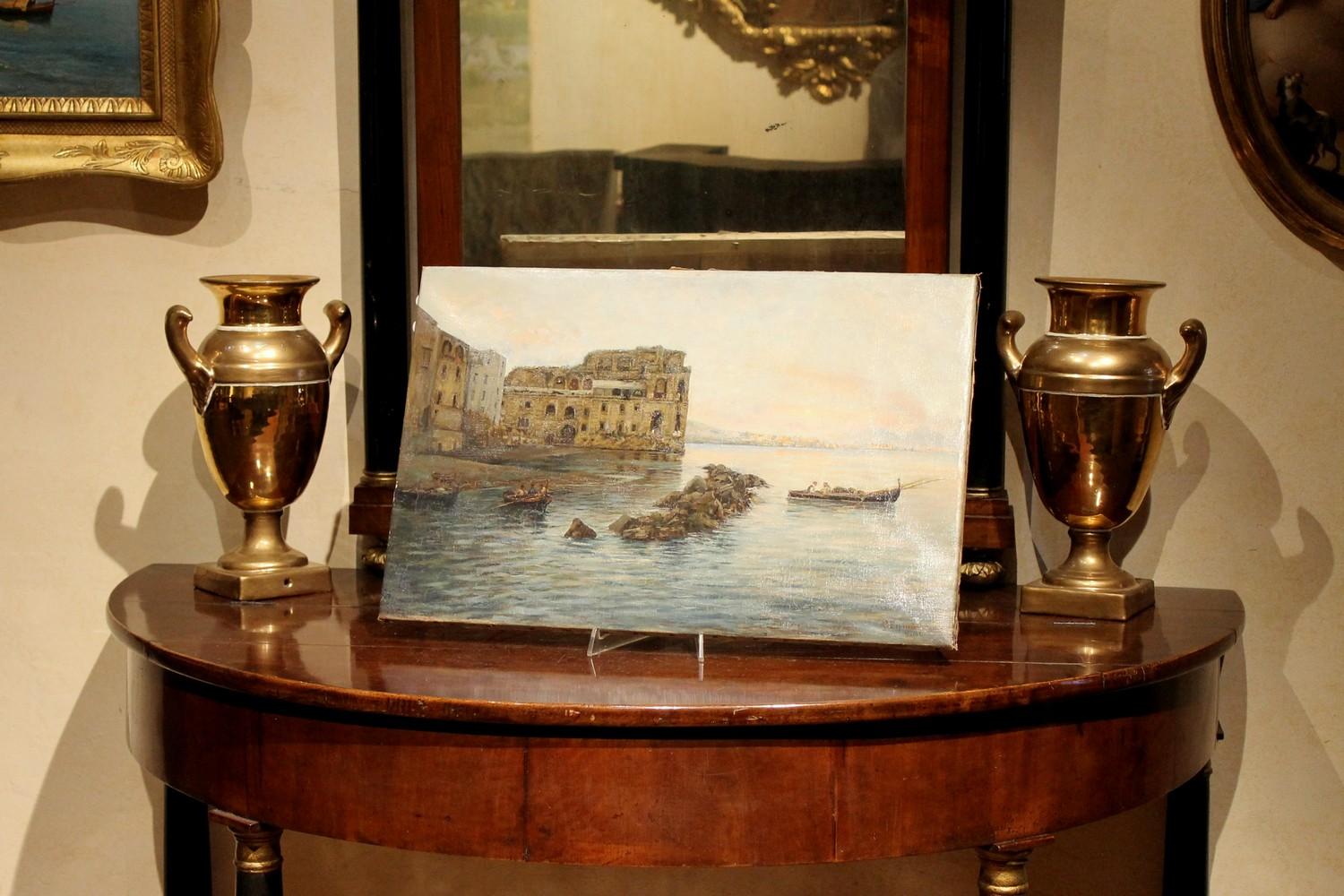 This Italian impressionist late 19th century oil on canvas painting, depicting a pleasant seascape scene with boats and architectures is signed lower right by Gaetano Esposito, a talented painter and a member of the Posillipo School.
The canvas