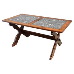 Italian 19th Century Inset Marble-Top Oak Trestle Table