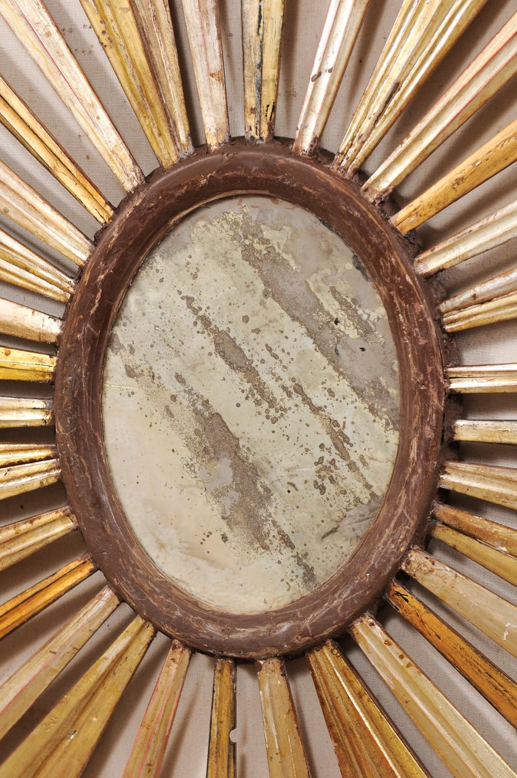 Italian 19th Century Large Gilded Wood Sunburst with Antiqued Center Mirror 1