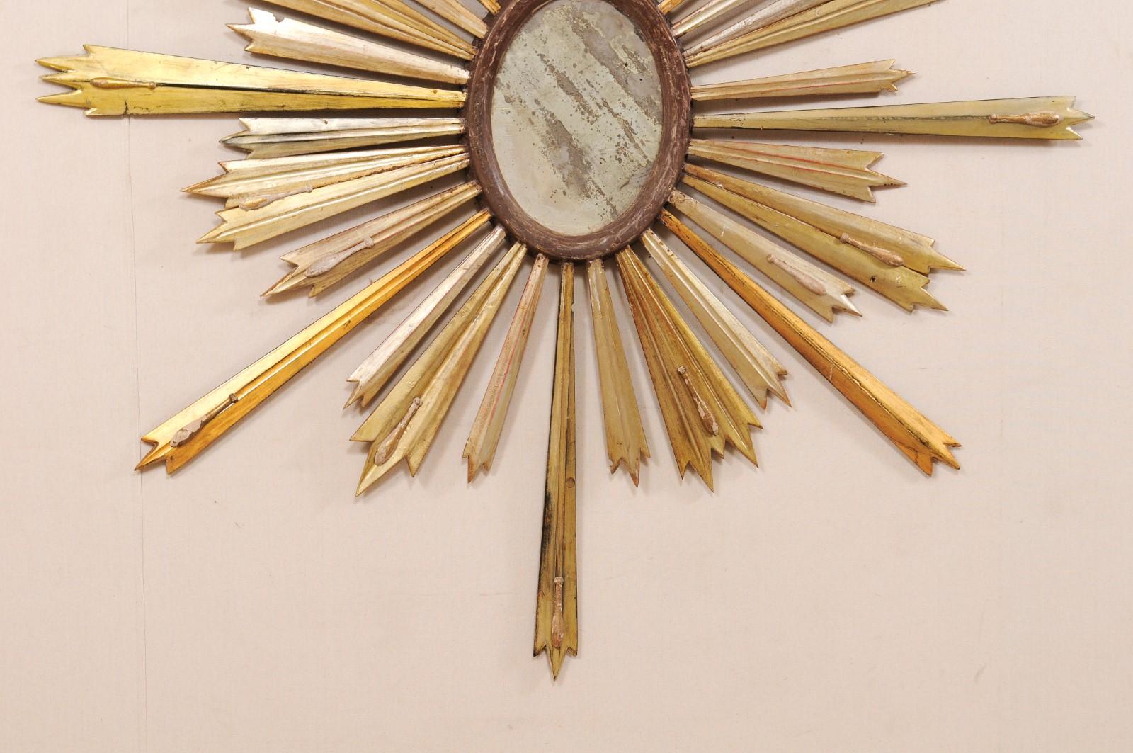 Italian 19th Century Large Gilded Wood Sunburst with Antiqued Center Mirror 4