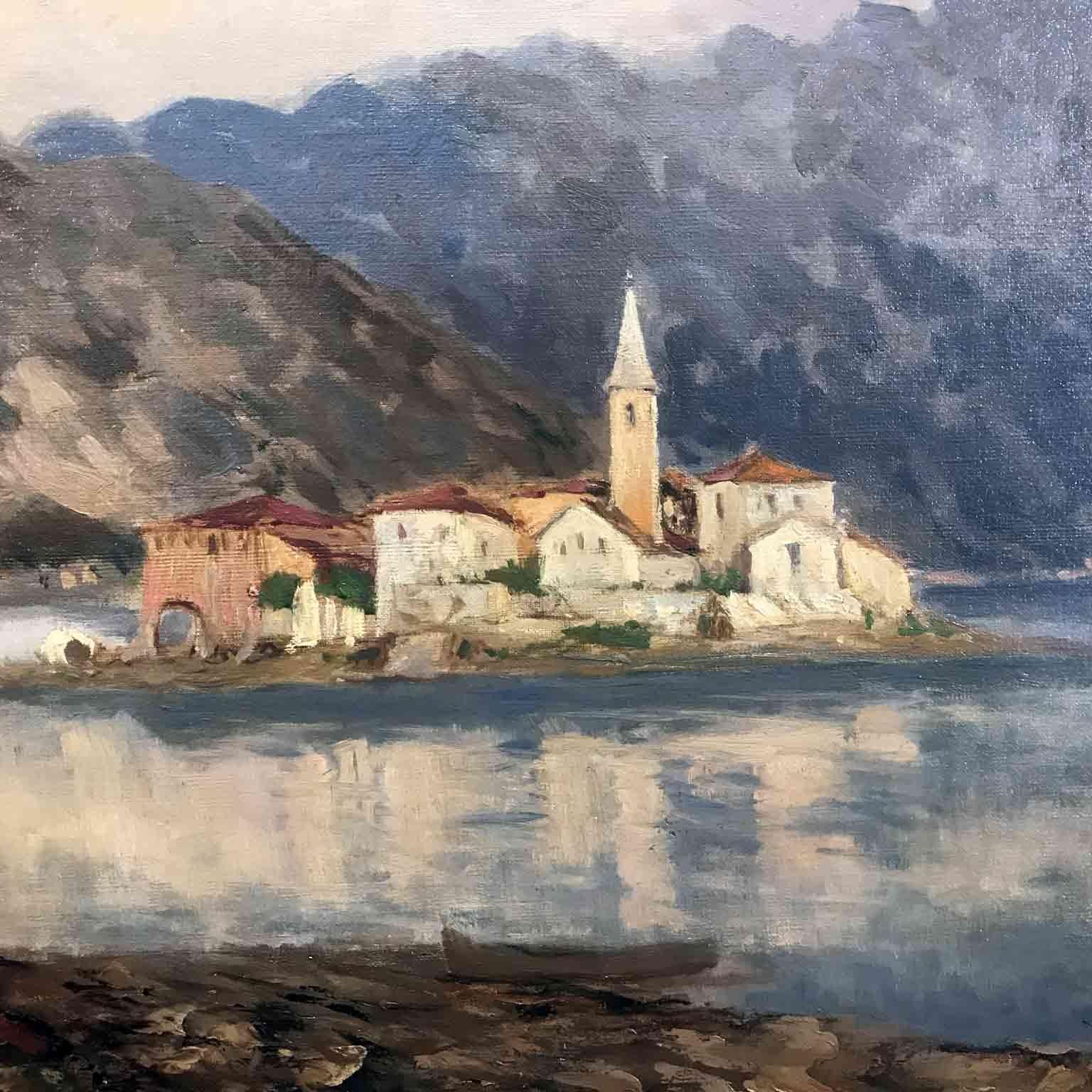 Unframed oil on canvas Lake Landscape depicting Italian Lake Maggiore view of the Isola dei Pescatori, Fishermen Island, Lago Maggiore, Italy signed lower right E. Gignous, apocrypha signature.
The painting composition is realized in the style of