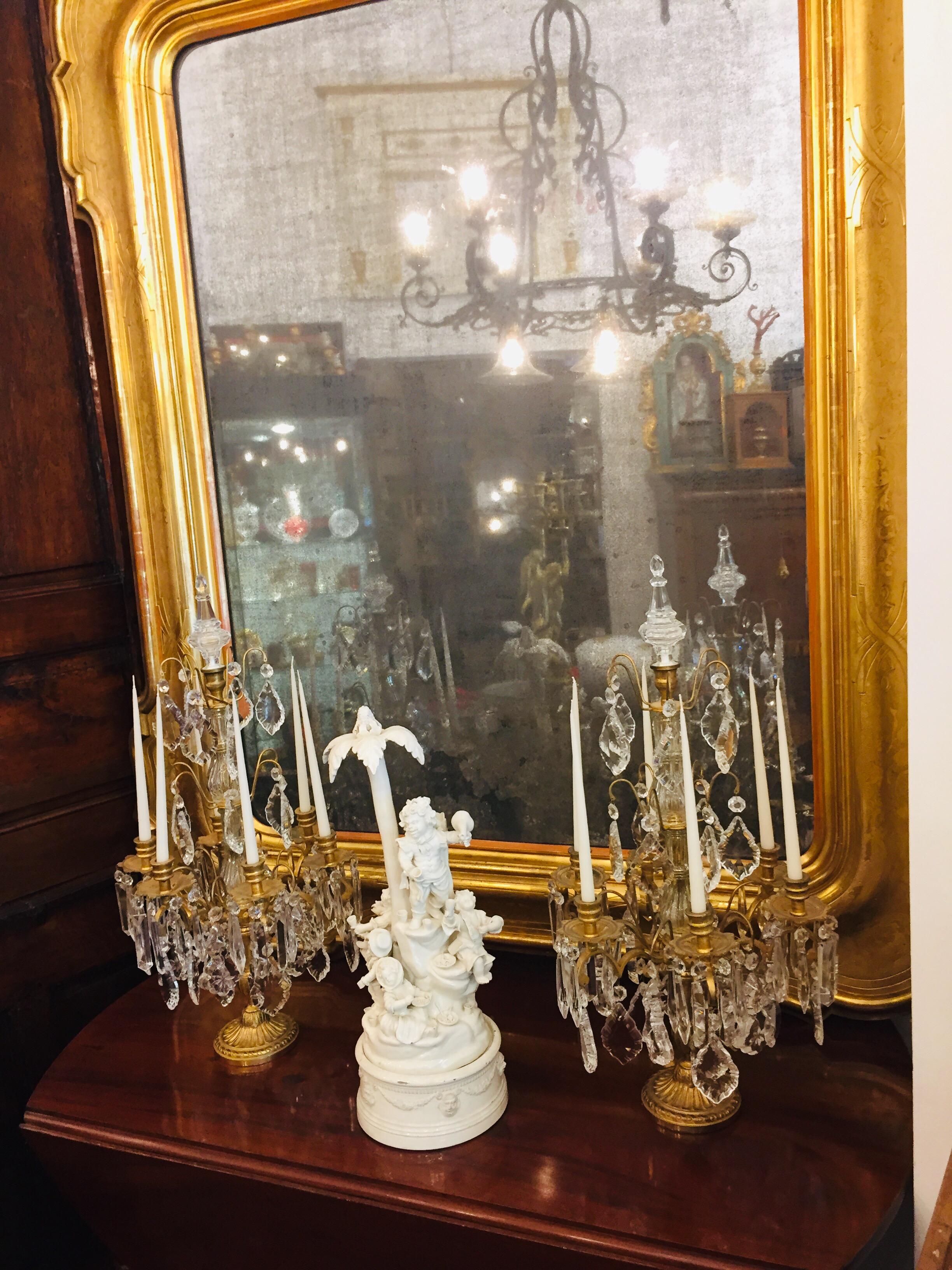 Italian Large Louis Philippe Mirror 1850s Bulino Carved Gilt-Wood Mercury Glass 12