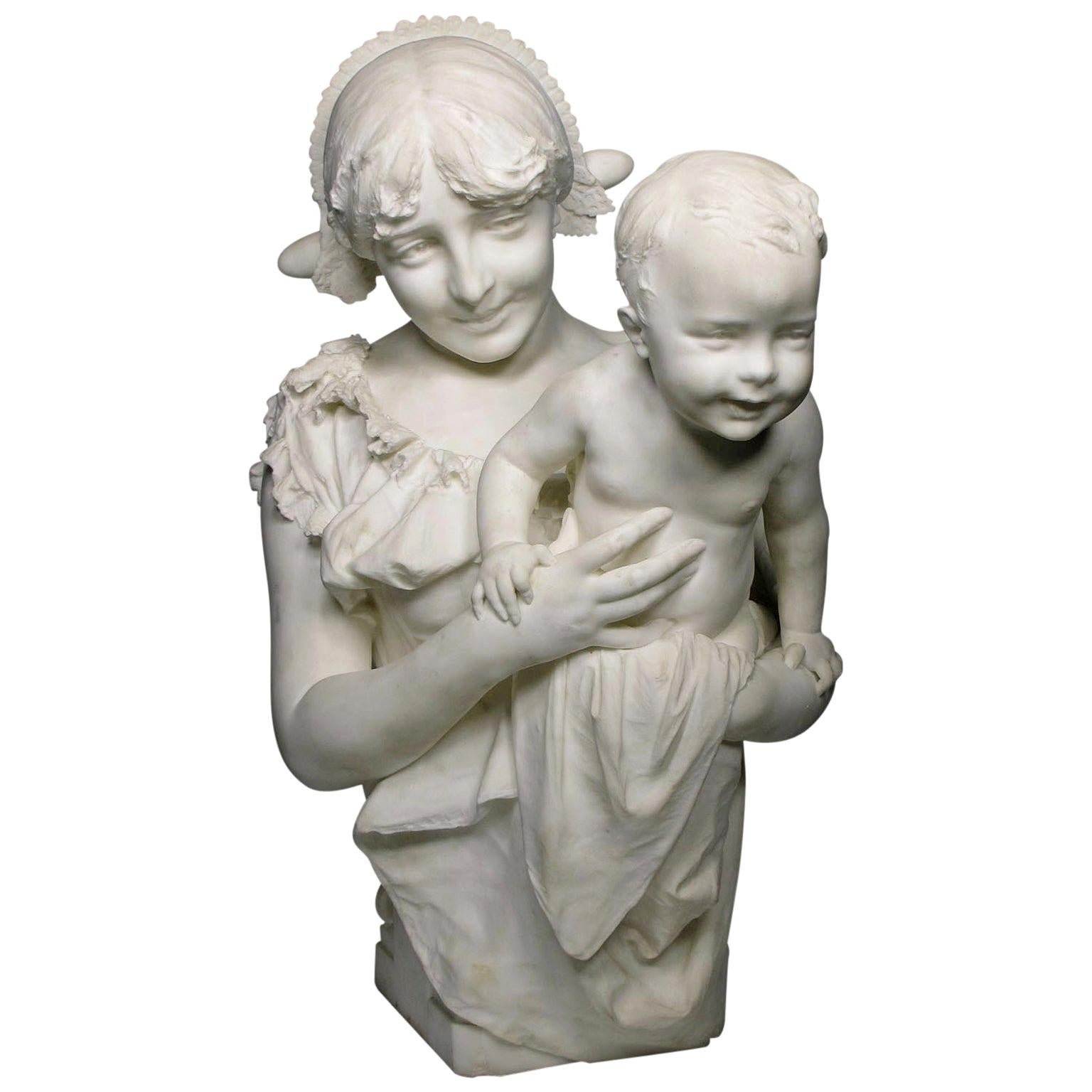Italian 19th Century Life Marble Sculpture "Mother and Child" by A. Mazzucchelli