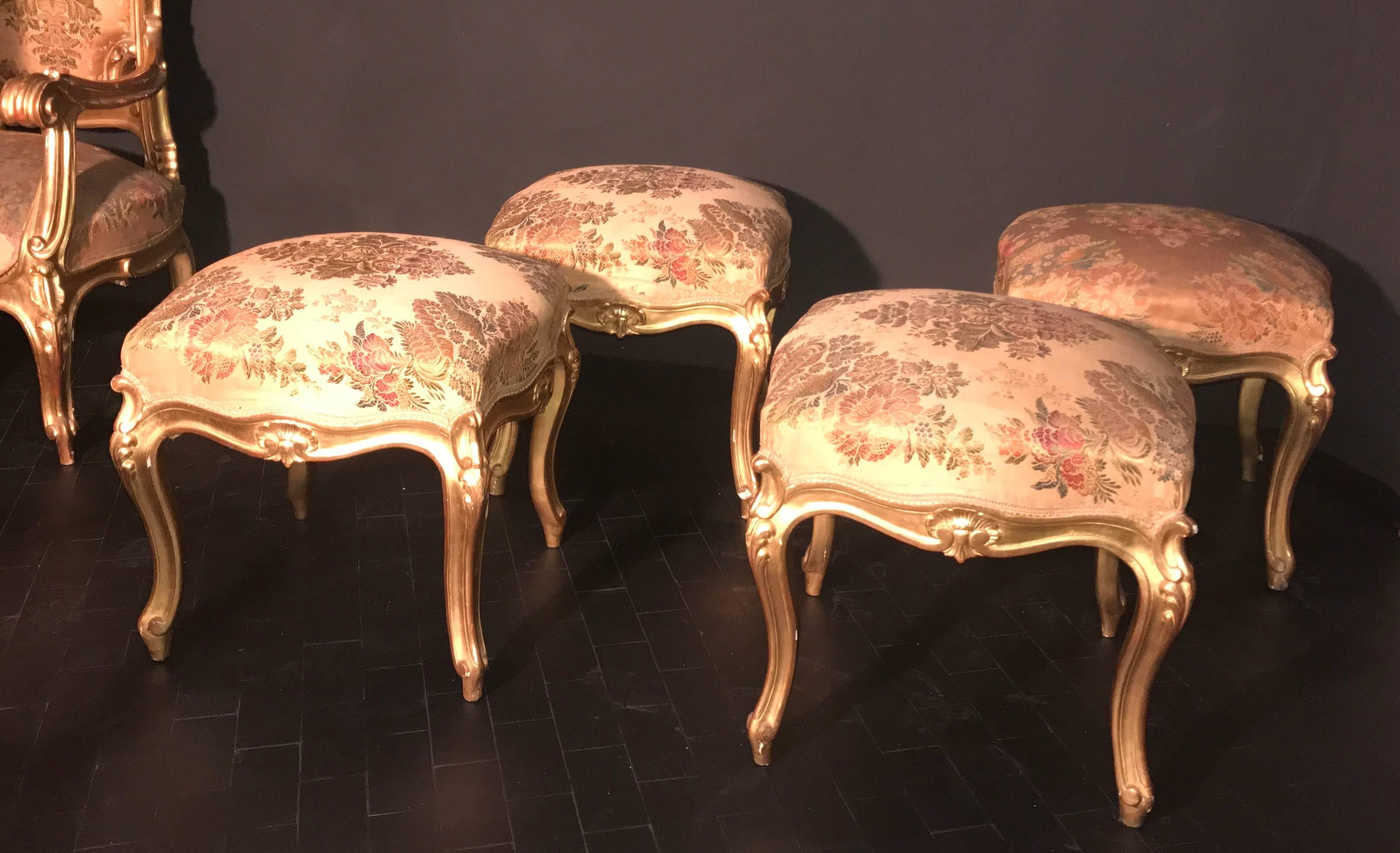 Louis XV Suite de salon dorée italienne du 19ème siècle, dix pièces, 1850 en vente