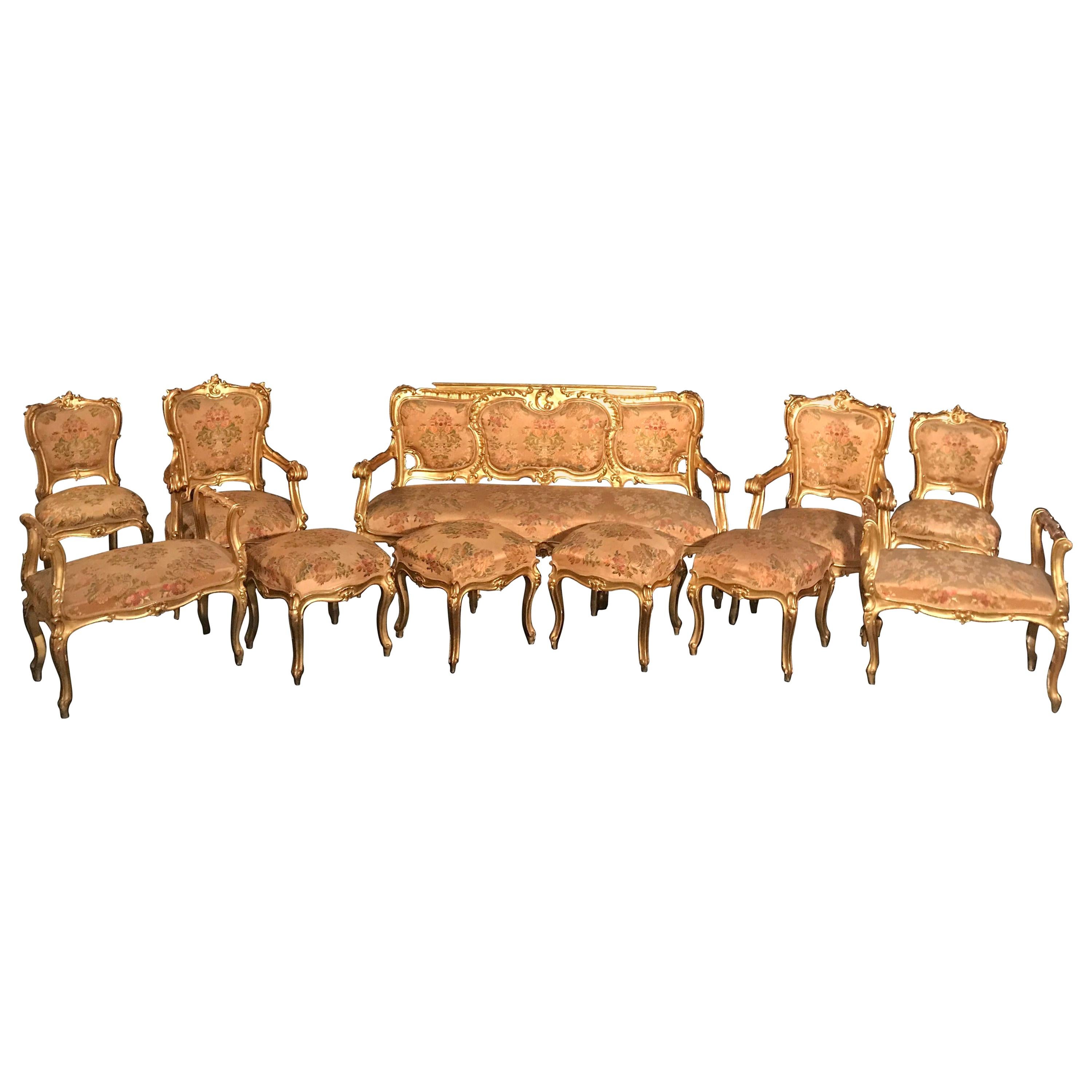 Suite de salon dorée italienne du 19ème siècle, dix pièces, 1850 en vente