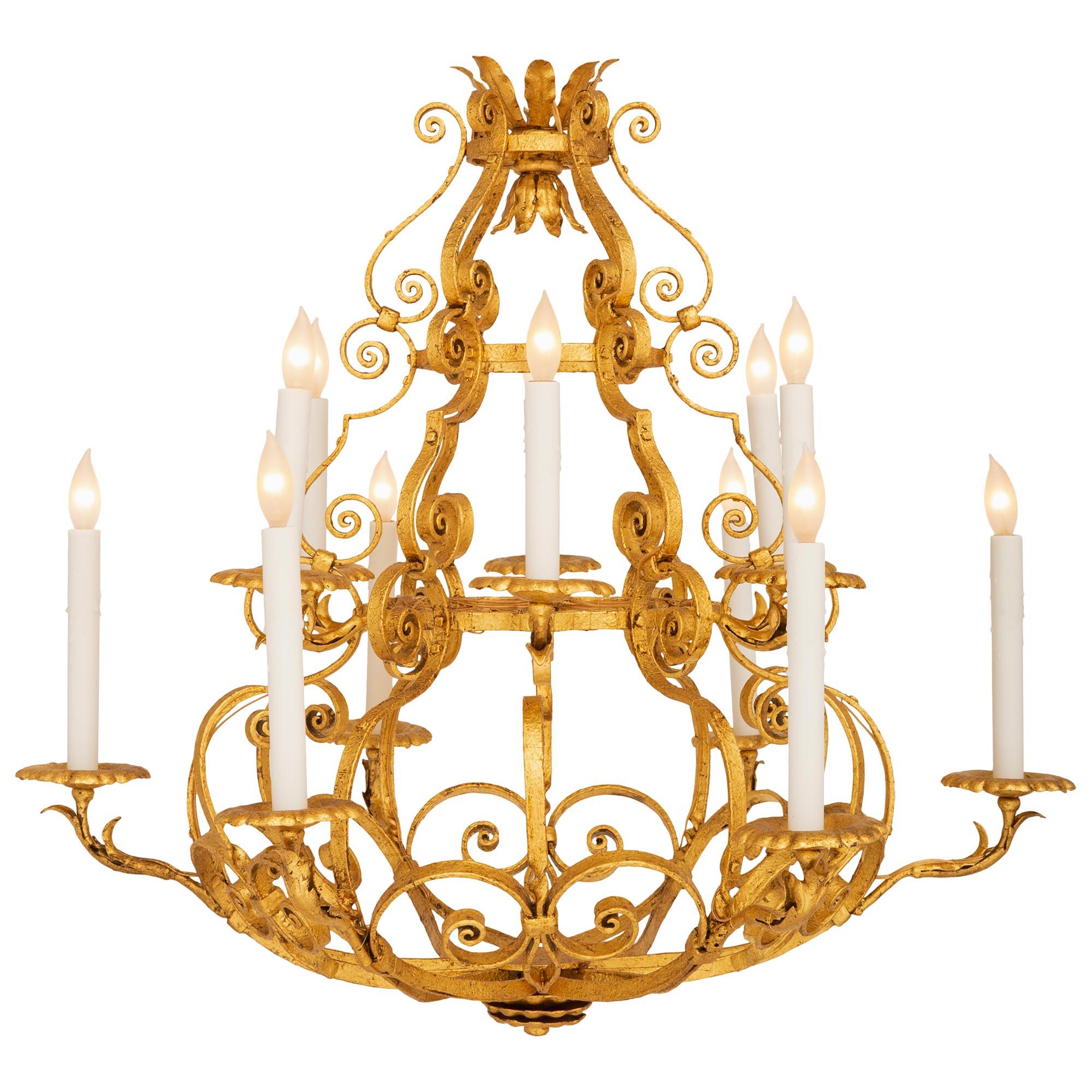 Italian 19th Century Louis XV St. Gilt Metal Chandelier In Good Condition For Sale In West Palm Beach, FL