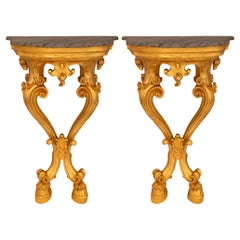 Italienische Konsolen aus Giltwood und bemaltem Marmor aus dem 19. Jahrhundert im Stil Louis XV