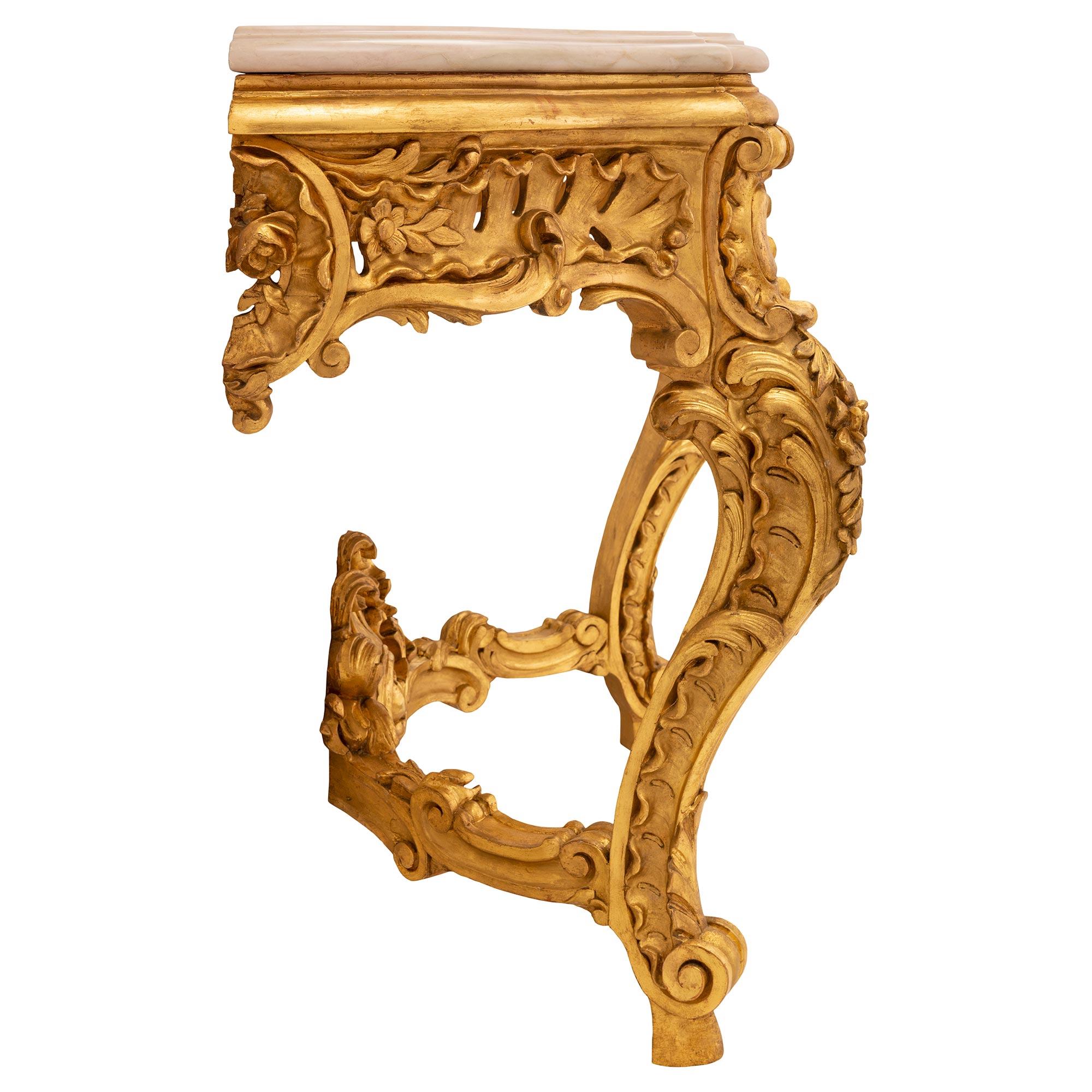 Italian 19th Century Louis XV St. Giltwood and Jaune De Valence Marble Console For Sale 1