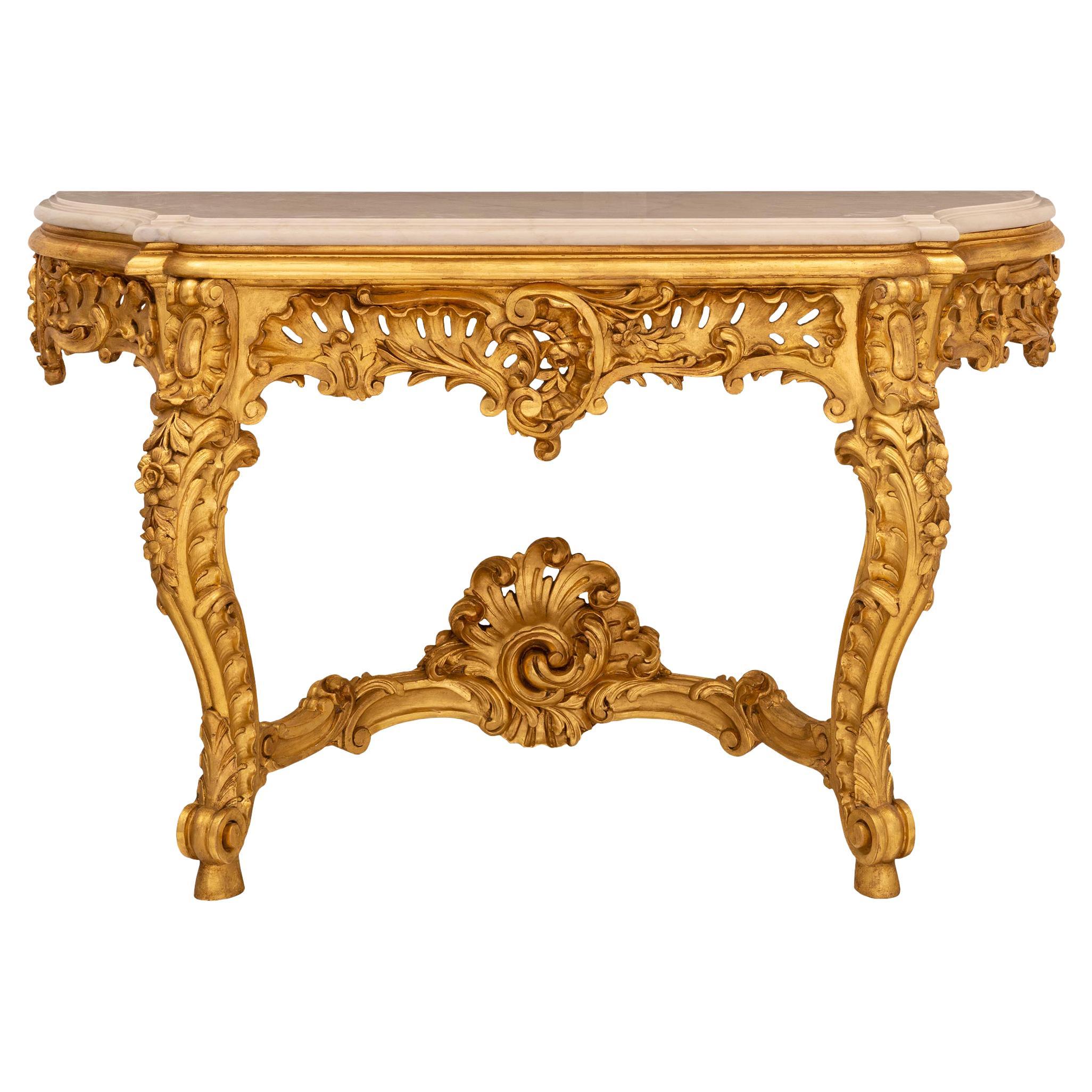 Console italienne du 19ème siècle de style Louis XV en bois doré et marbre jaune de Valence