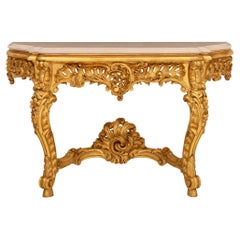 Console italienne du 19ème siècle de style Louis XV en bois doré et marbre jaune de Valence
