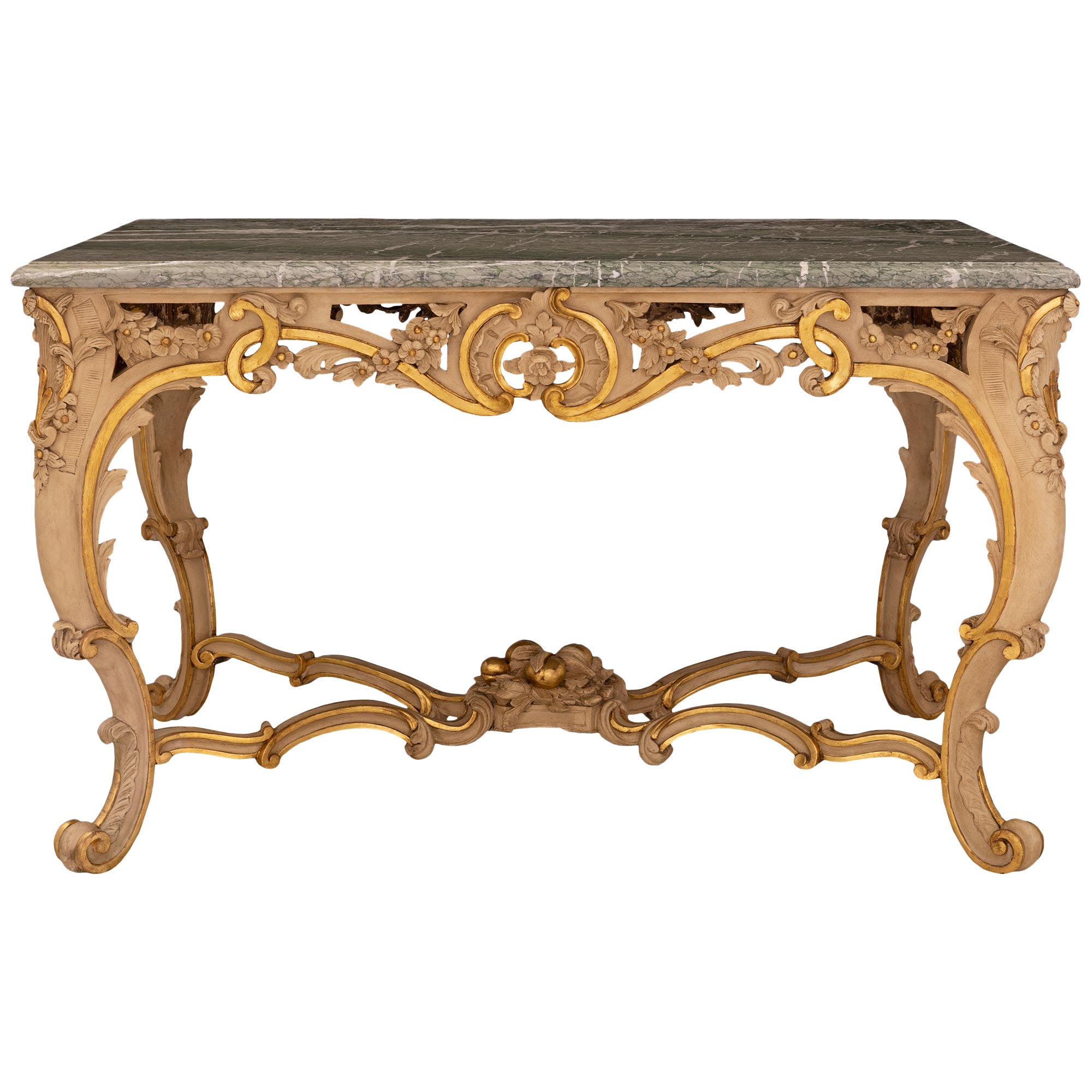 Table centrale italienne Louis XV du 19ème siècle en bois doré et marbre