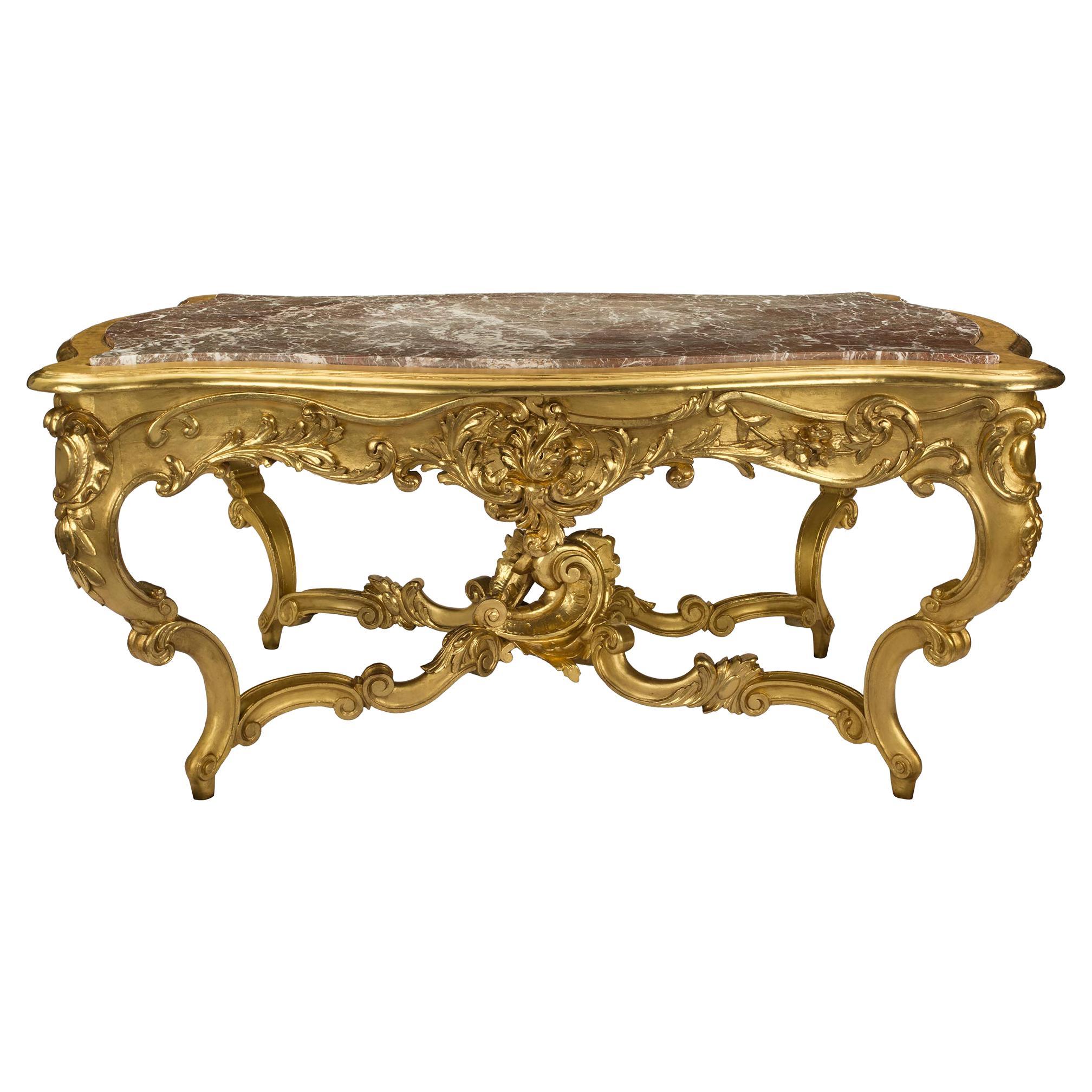 Italian 19th Century Louis XV St. Giltwood and Marble Center Table For Sale